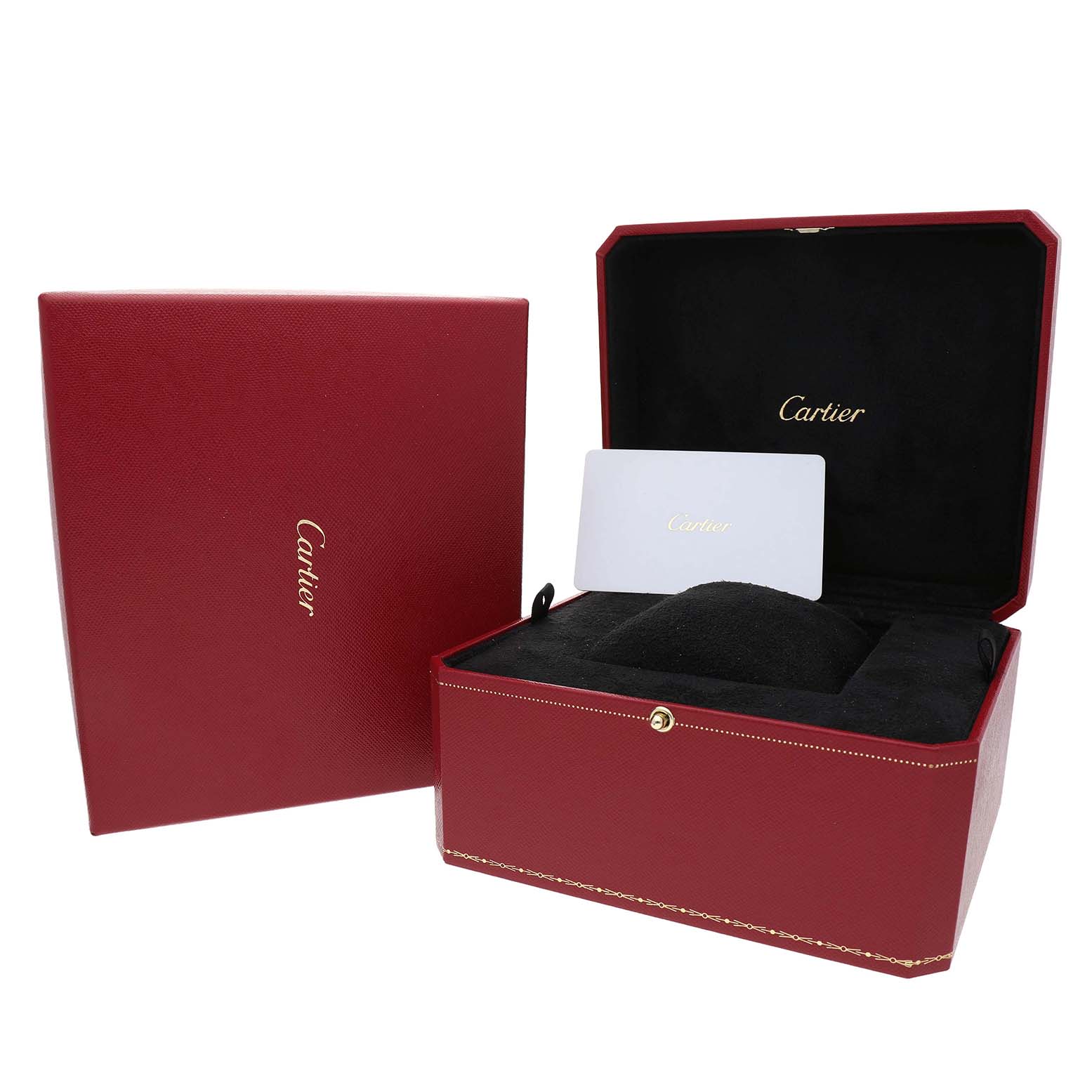 The image shows the Cartier Tank Must WSTA0053 Men's Stainless Steel Silver Dial watch box, open with a cushion inside, and an external red case.