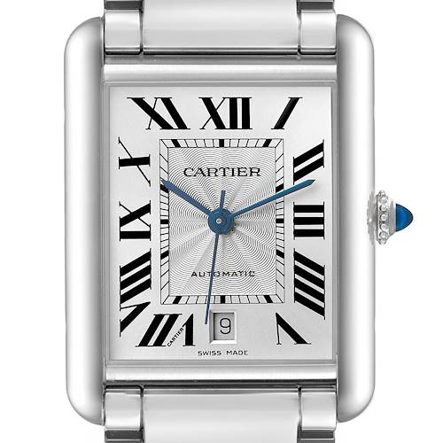 The Cartier Tank Must WSTA0053 Men's Stainless Steel Silver Dial watch is shown from the front, highlighting the dial, Roman numerals, and blue hands.