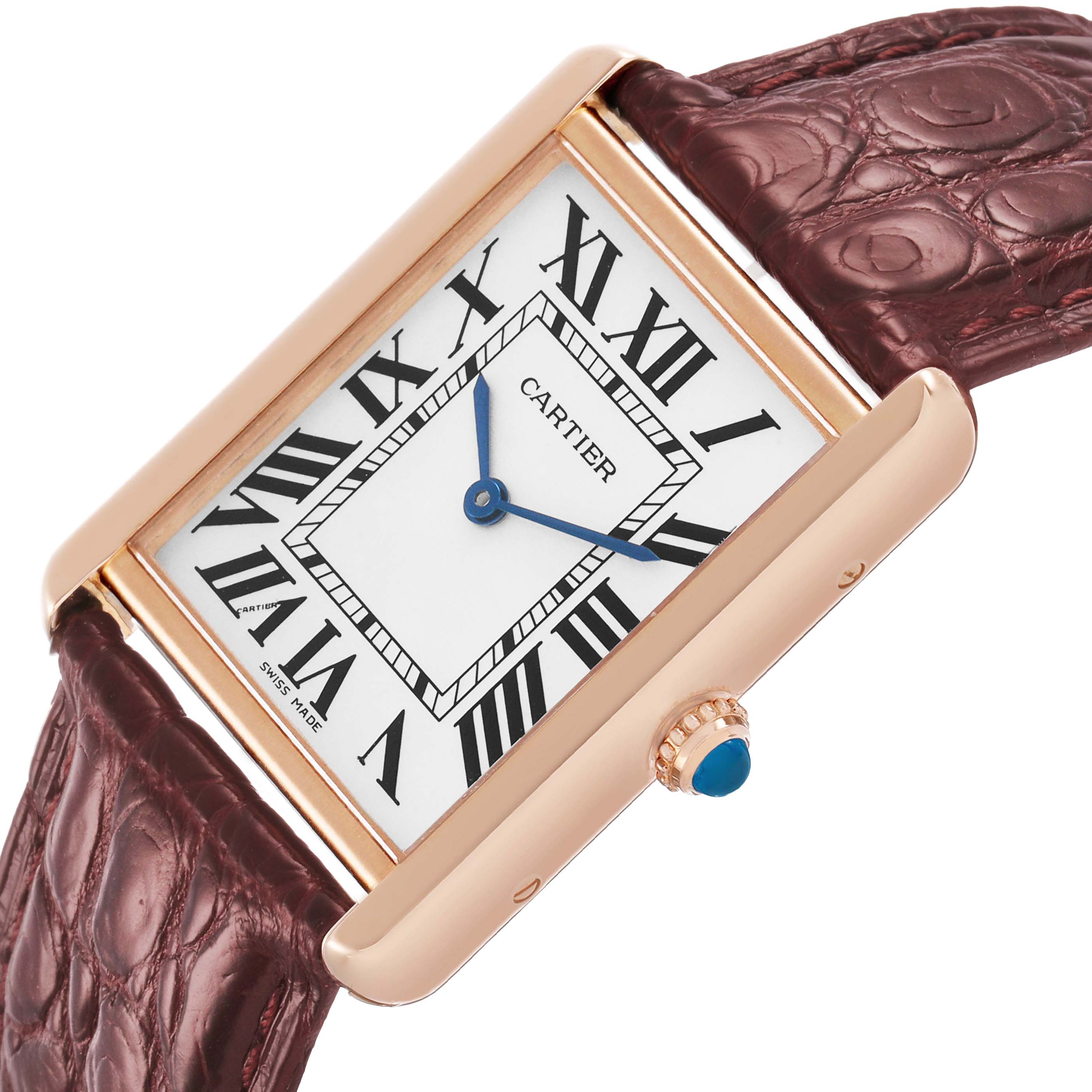 The Cartier Tank Solo W5200025 Men's Rose Gold Silver Dial watch is shown at an angled view, displaying the dial, crown, and part of the strap.