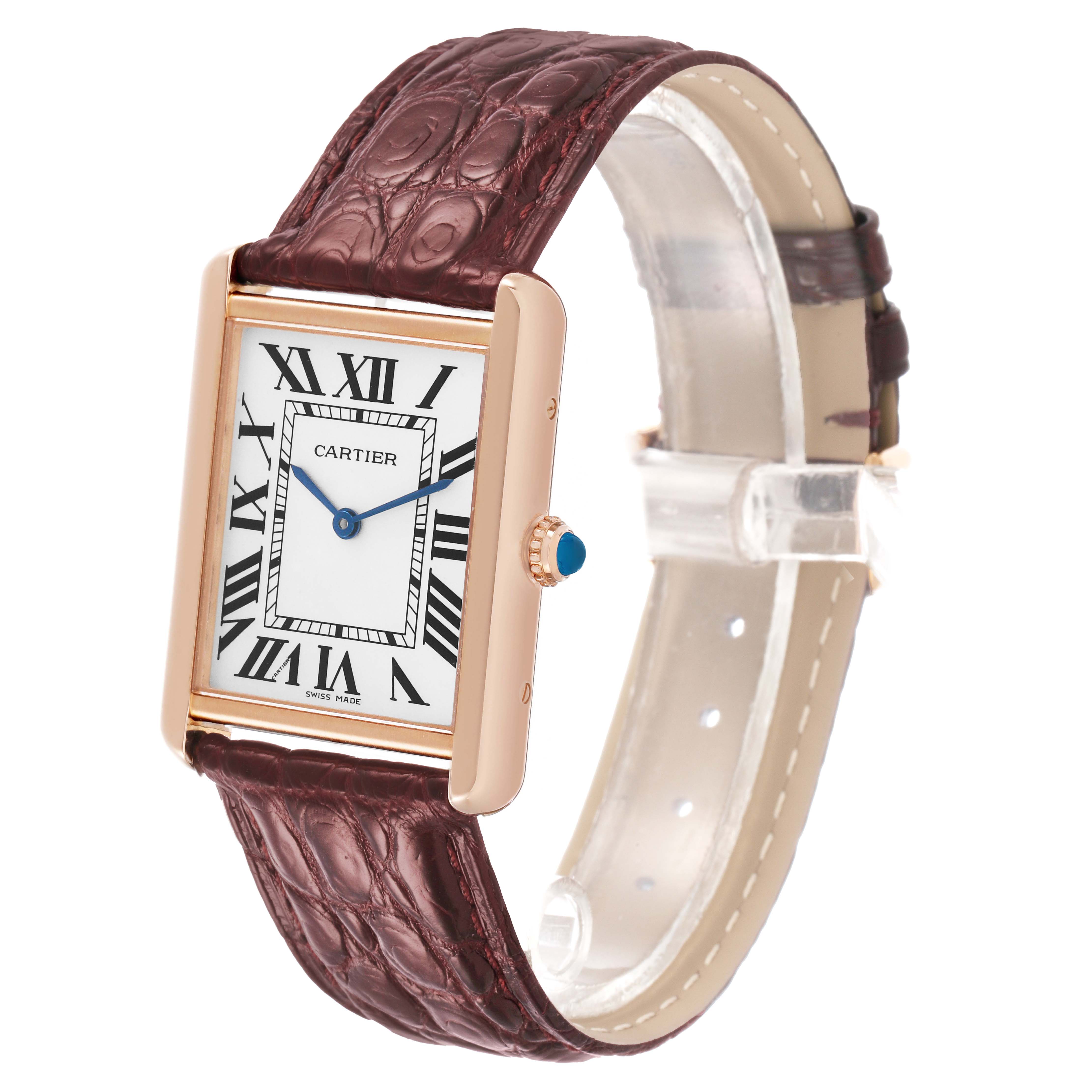 The Cartier Tank Solo W5200025 Men's Rose Gold Silver Dial watch is shown from an angled side view, highlighting the face, crown, and burgundy leather strap.