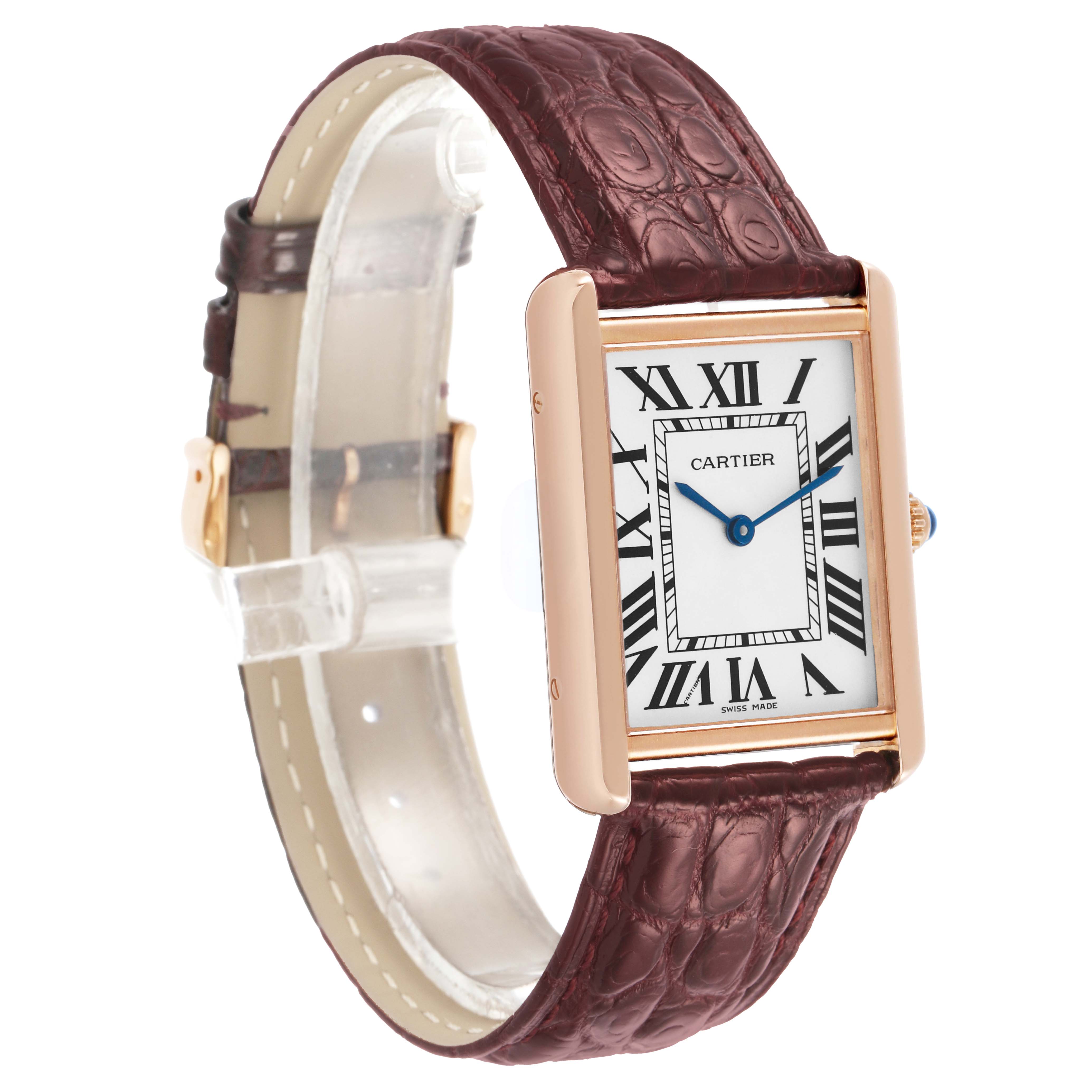 The Cartier Tank Solo W5200025 Men's Rose Gold Silver Dial watch is shown at an angle highlighting the face, gold case, and brown leather strap.