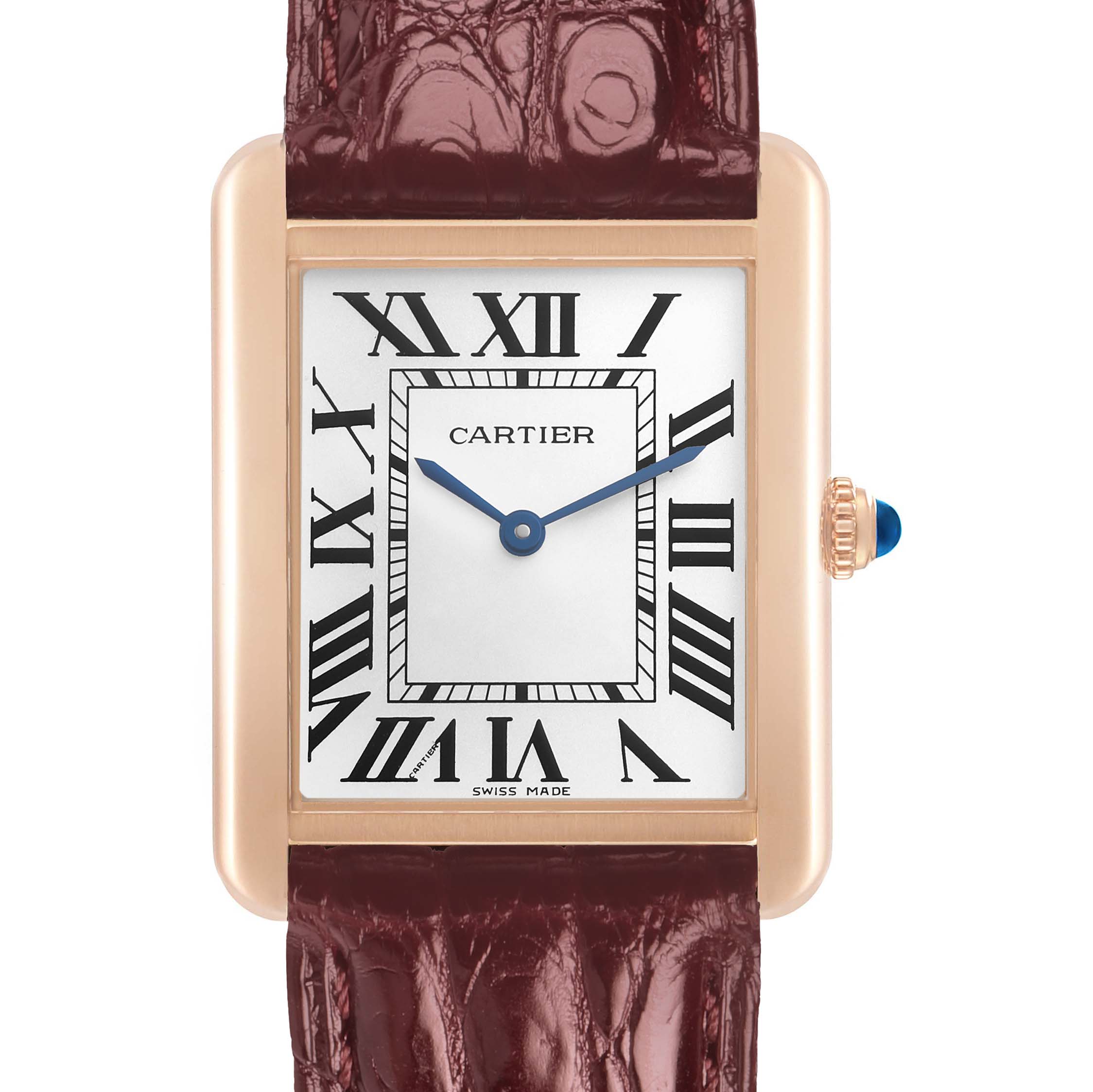 The Cartier Tank Solo W5200025 Men's Rose Gold Silver Dial is shown from the front, displaying its rectangular face, Roman numerals, and leather strap.
