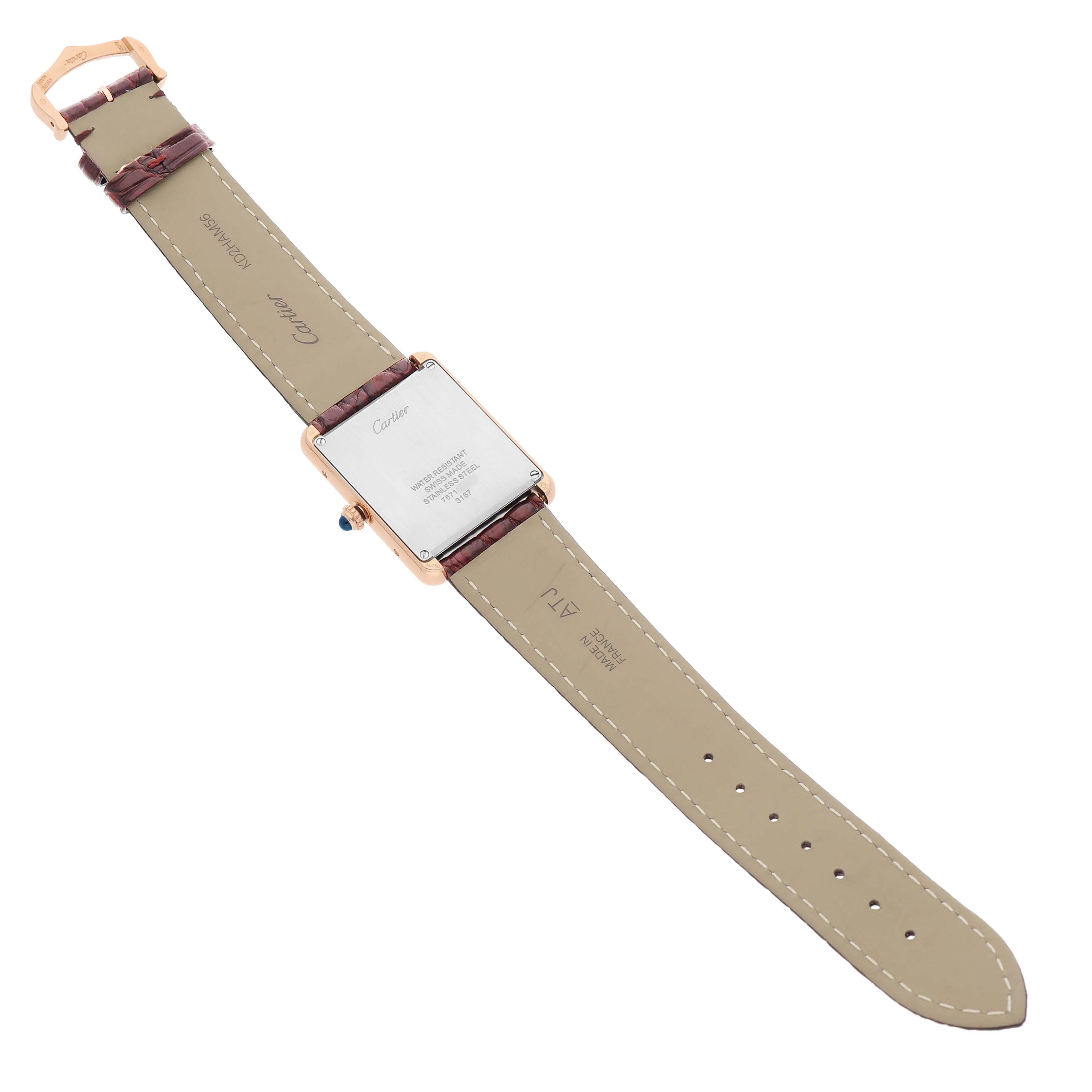 The image shows the back of the Cartier Tank Solo W5200025 Men's Rose Gold Silver Dial watch, highlighting its case, strap, and clasp from a top-down angle.