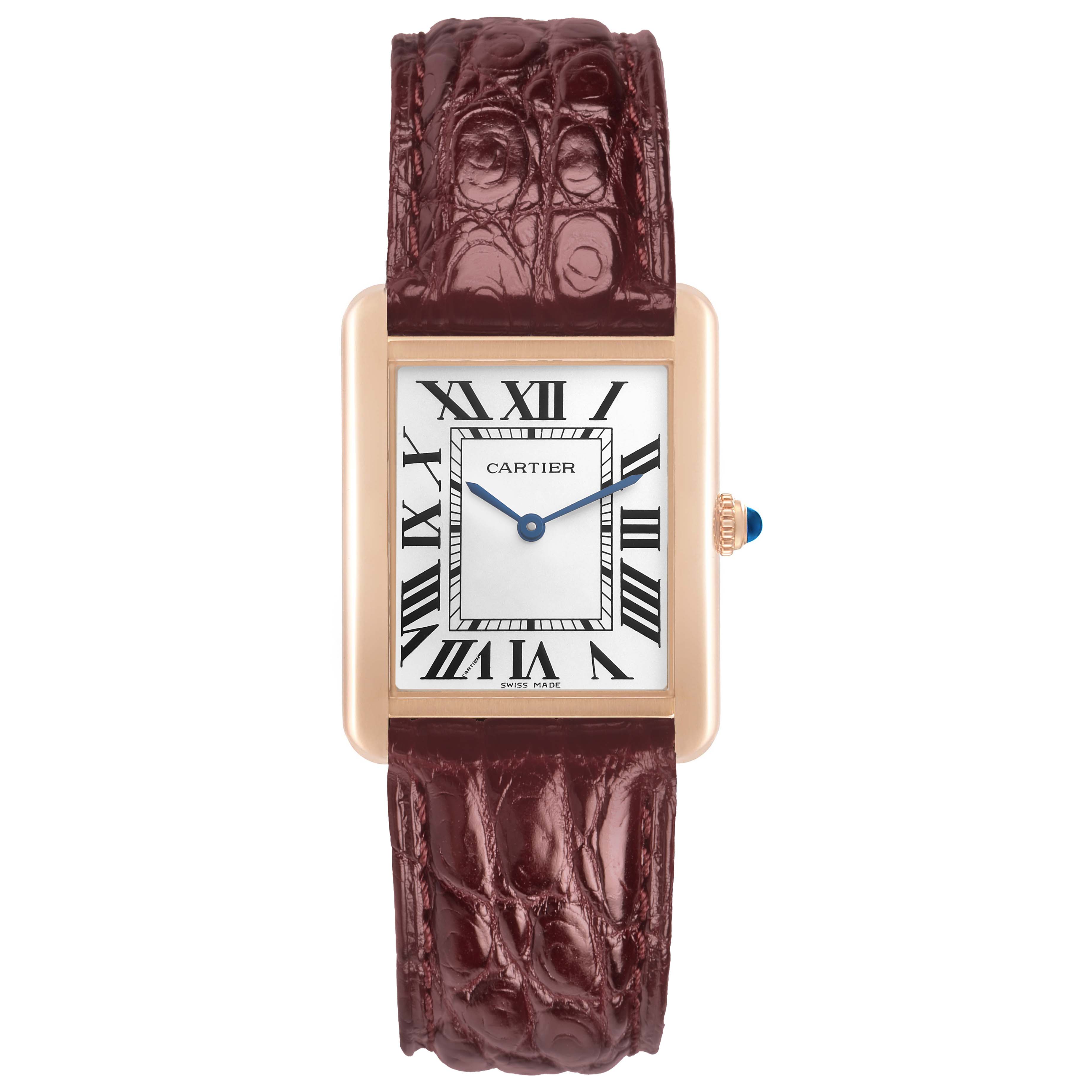 The Cartier Tank Solo W5200025 Men's Rose Gold Silver Dial watch is shown from a top-down angle, highlighting its rectangular face and leather strap.
