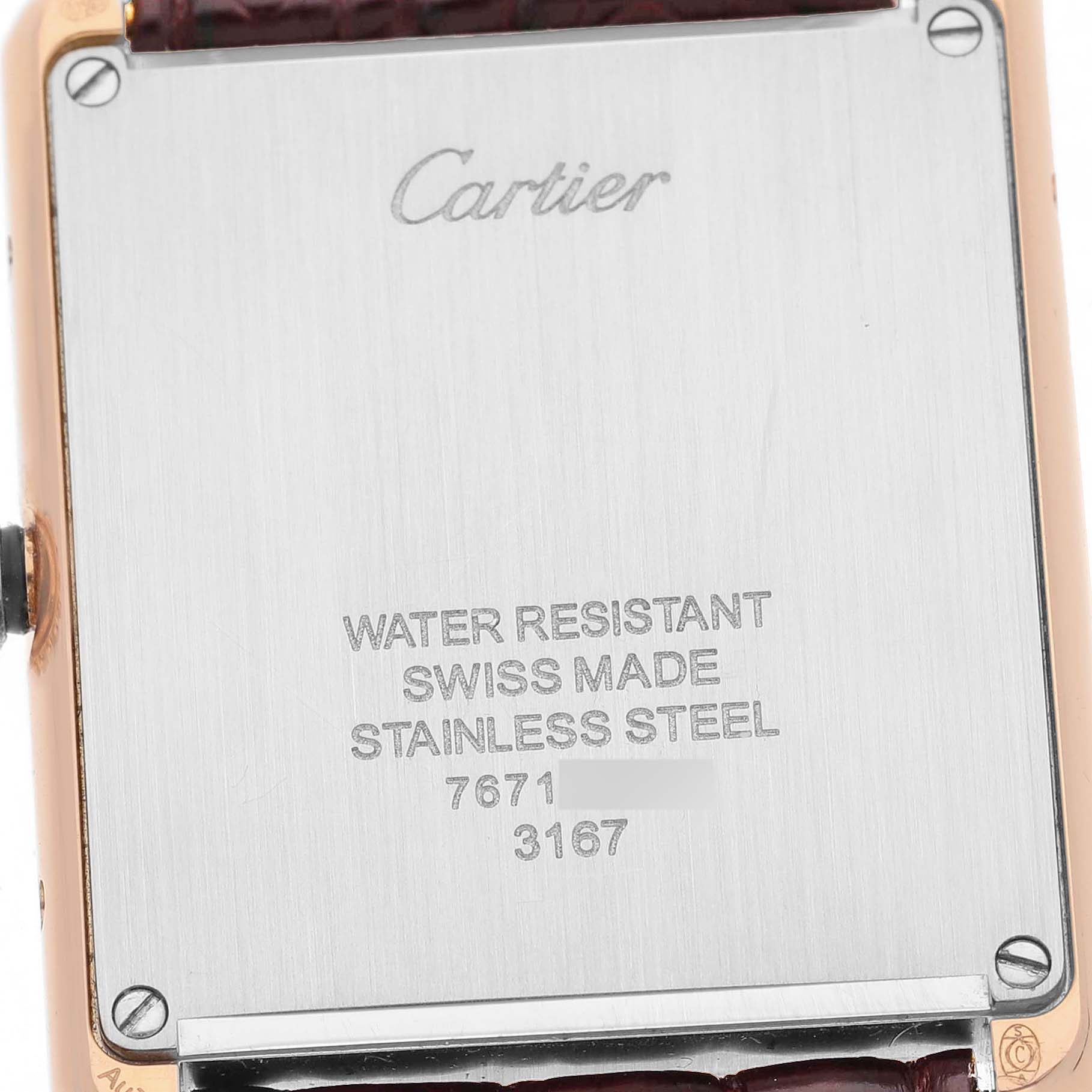 The image shows the back of the Cartier Tank Solo W5200025 Men's Rose Gold Silver Dial watch, highlighting its water resistance and "Swiss Made" marking.