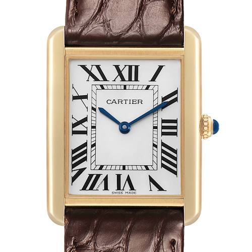 The Tank Solo by Cartier is shown from a front angle, displaying the rectangular dial, Roman numerals, and leather strap.
