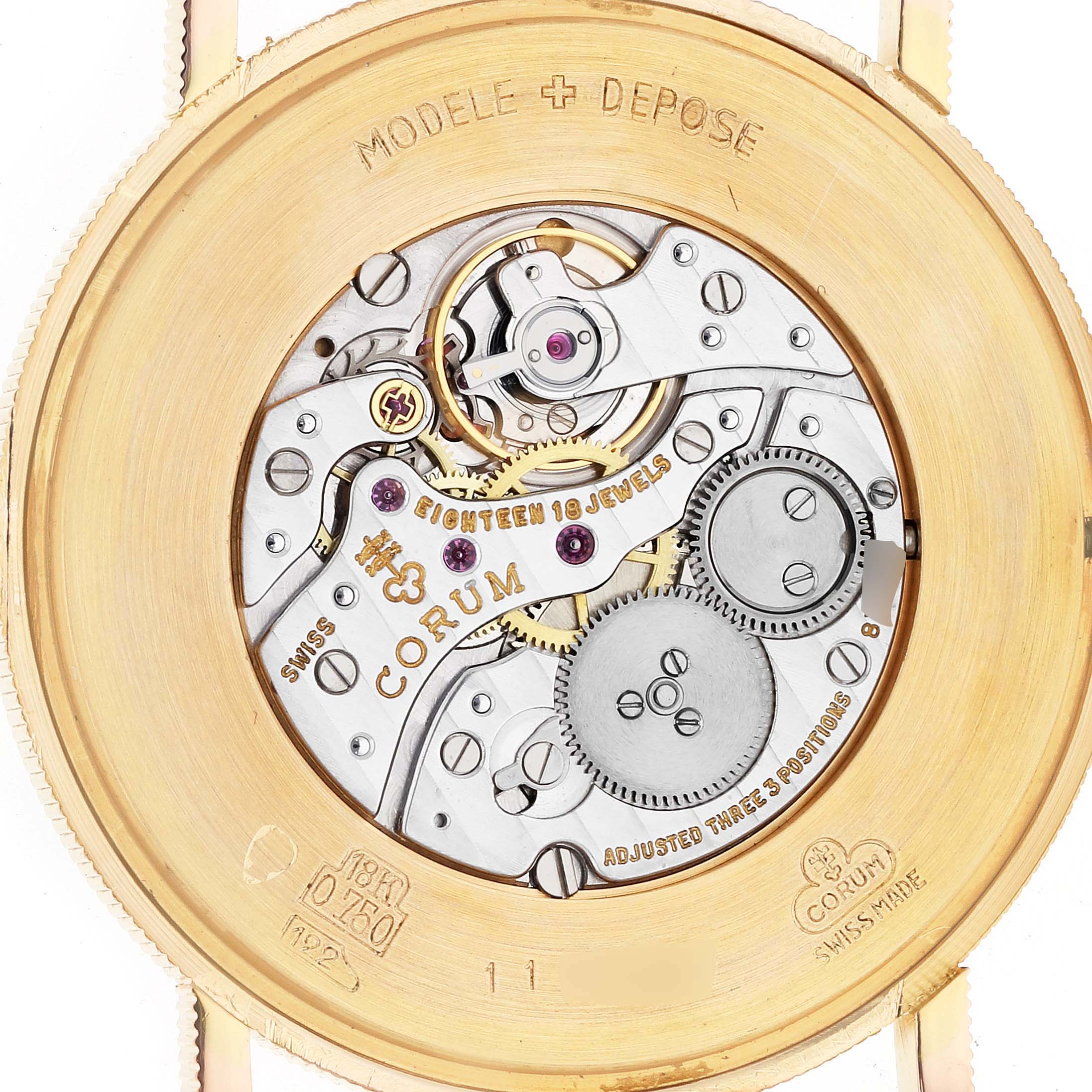 The image shows the movement mechanism of a Corum Coin Watch 1904 Men's Yellow Gold Champagne Dial 1904 Men's Yellow Gold Champagne Dial model, viewed from the case back.
