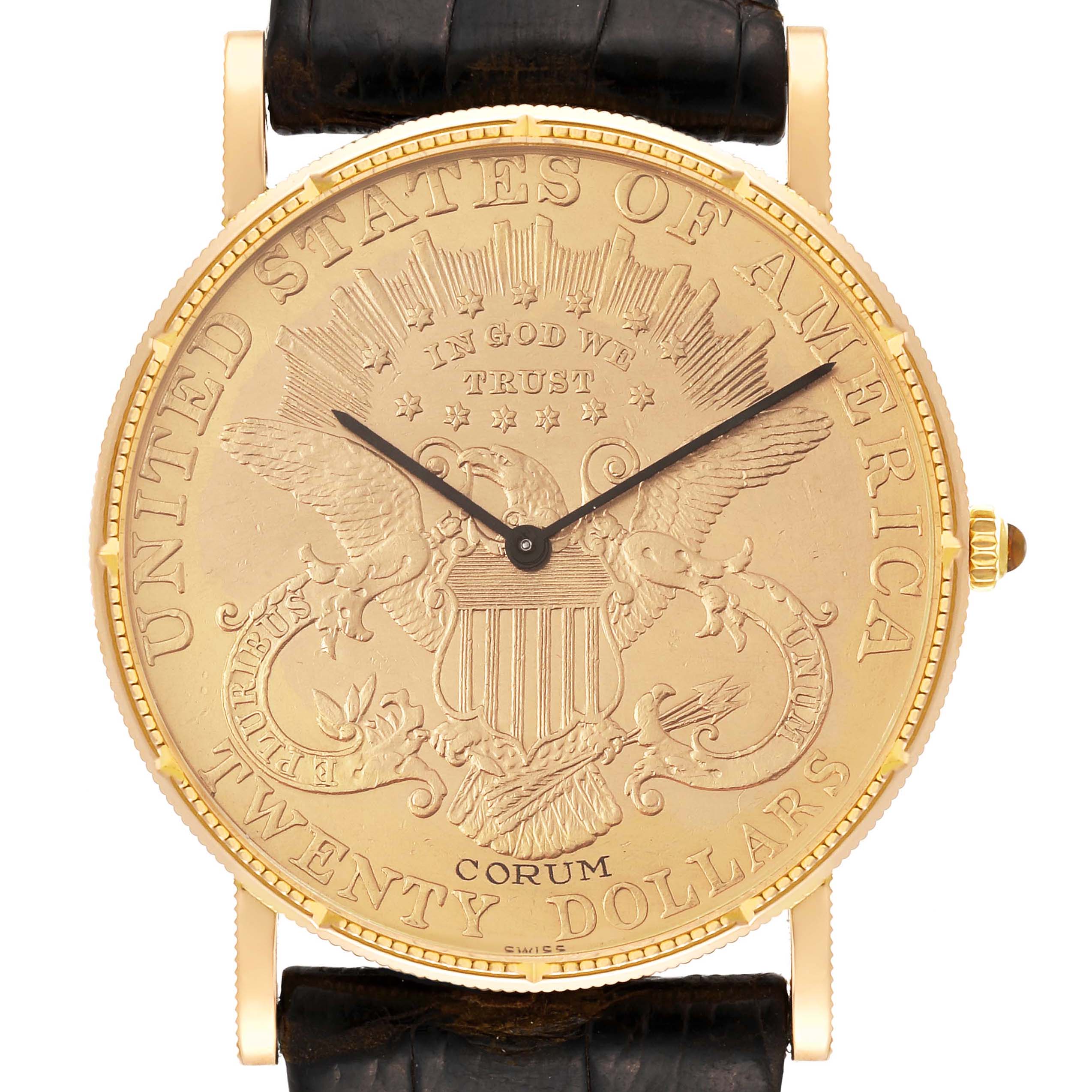 The image shows a front view of the Corum Coin Watch 1904 Men's Yellow Gold Champagne Dial 1904 Men's Yellow Gold Champagne Dial model, displaying its intricate gold coin dial and black leather strap.