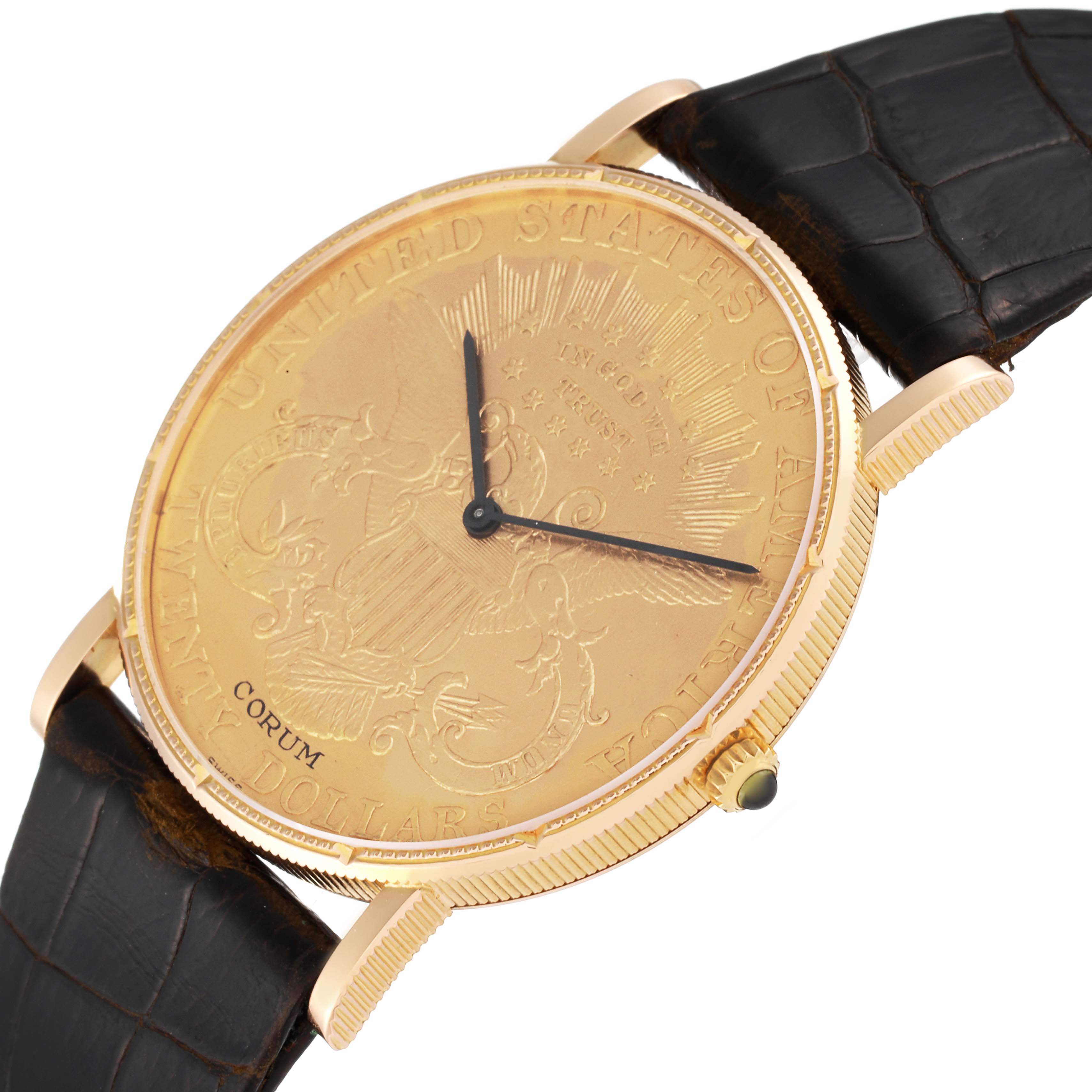 This image shows a close-up angled view of a Corum Coin Watch 1904 Men's Yellow Gold Champagne Dial 1904 Men's Yellow Gold Champagne Dial, highlighting the golden dial and leather strap.