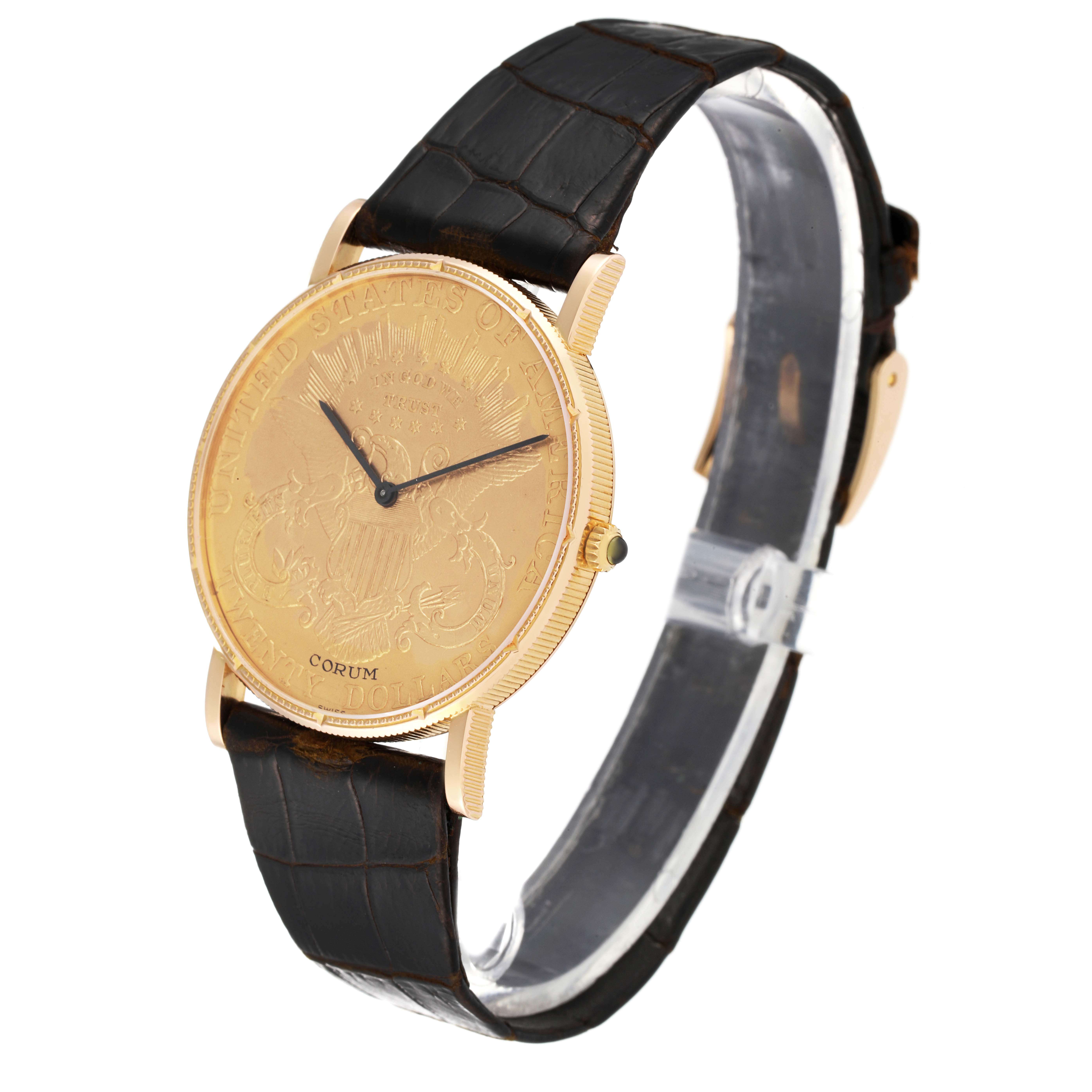 The image shows a Corum Coin Watch 1904 Men's Yellow Gold Champagne Dial 1904 Men's Yellow Gold Champagne Dial model from an angled side view, displaying the watch face, case, and leather strap.