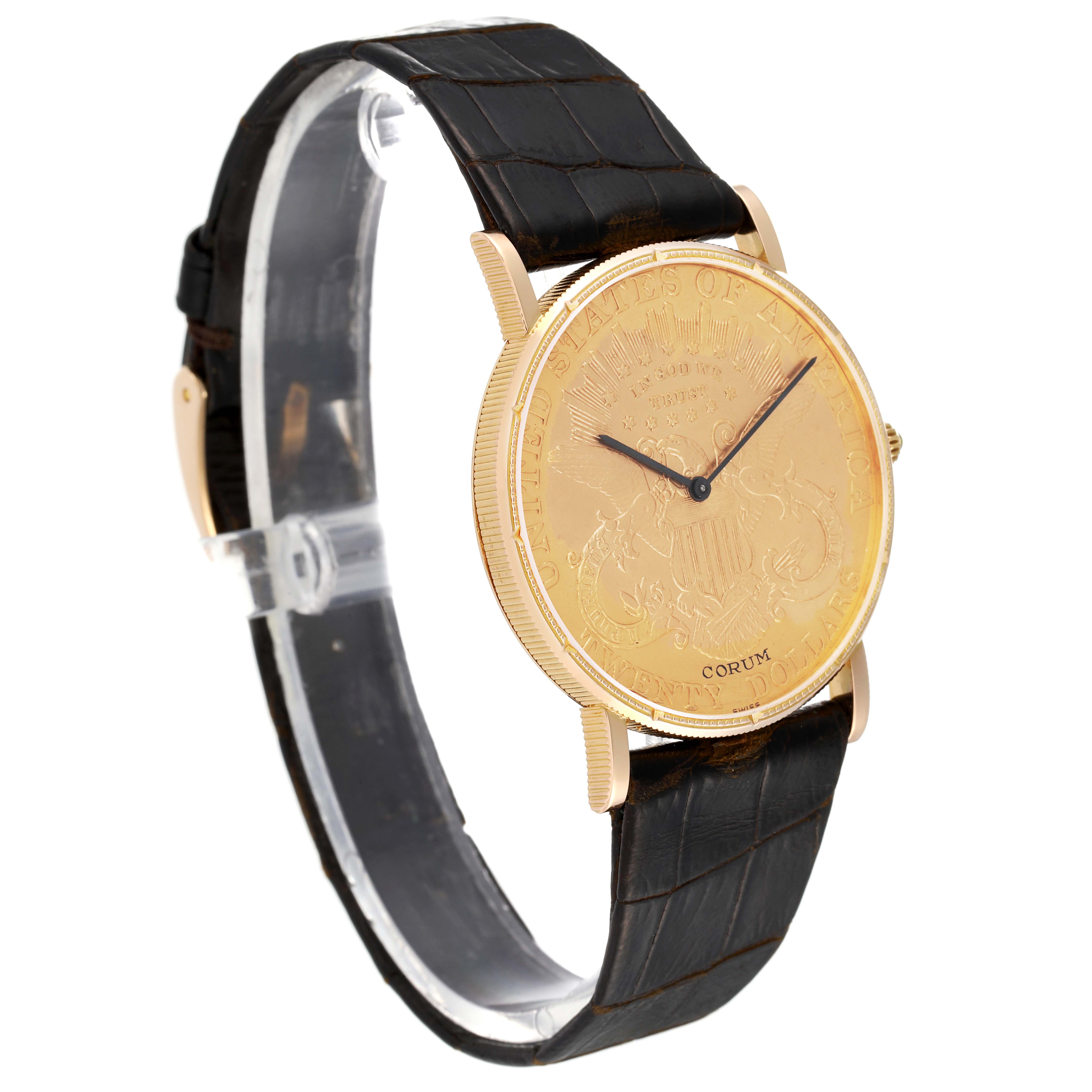The image shows a side angle of a Corum Coin Watch 1904 Men's Yellow Gold Champagne Dial 1904 Men's Yellow Gold Champagne Dial model, highlighting its gold coin dial and black leather strap.