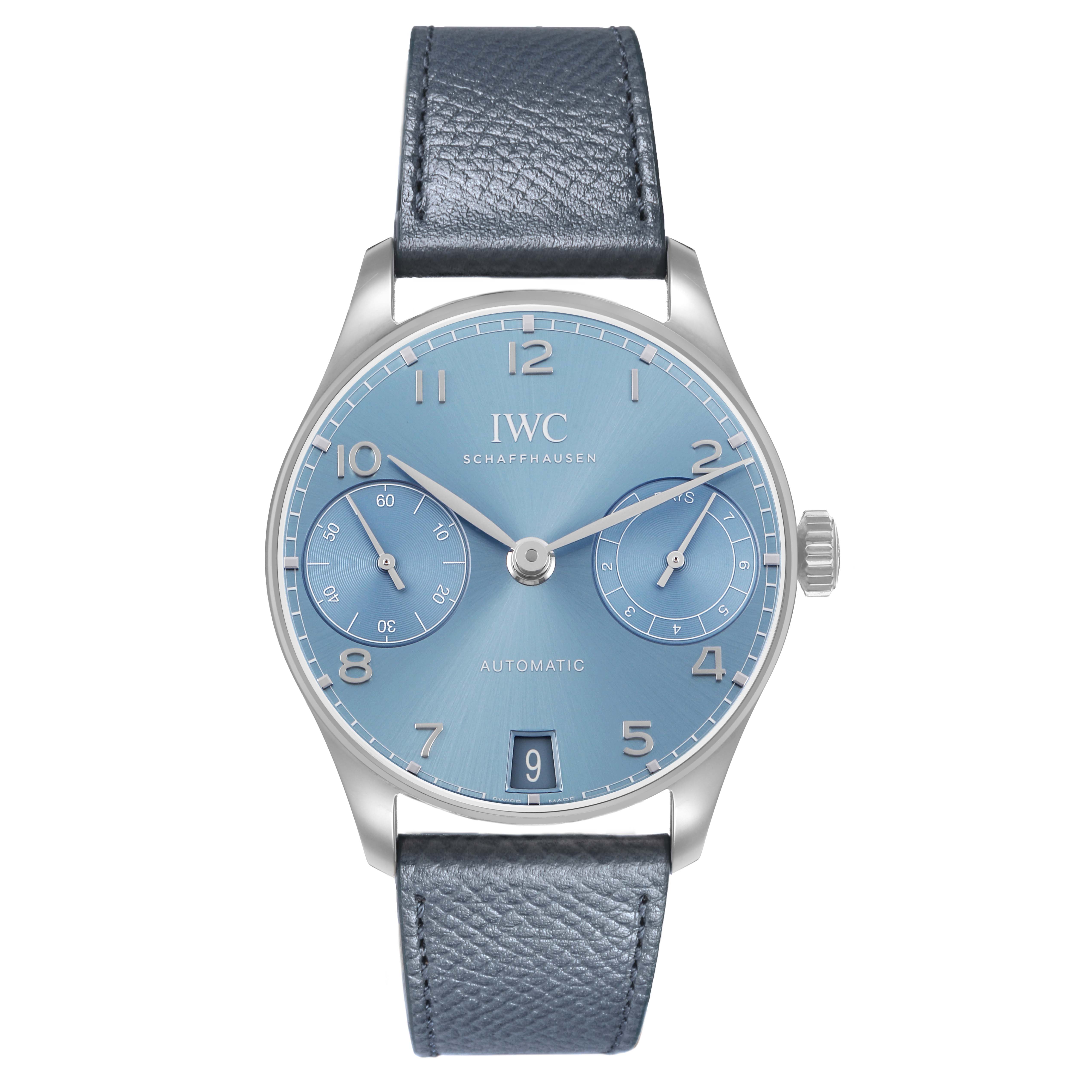 The IWC Portuguese IW501708 Men's White Gold Blue Dial watch is shown from the front, displaying the dial, hands, sub-dials, date window, and leather strap.