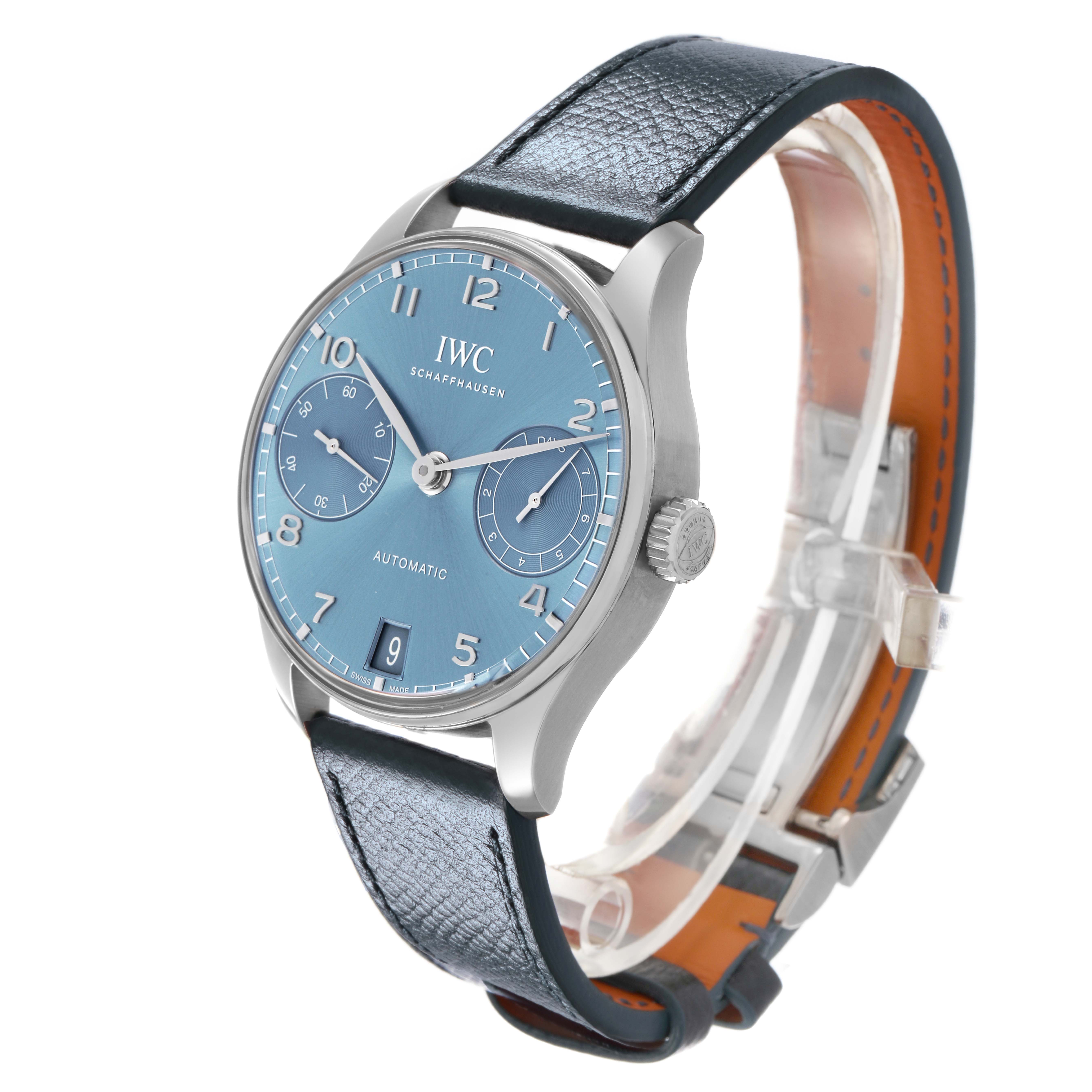 The IWC Portuguese IW501708 Men's White Gold Blue Dial watch is shown at a slight angle, displaying the dial, crown, and strap.