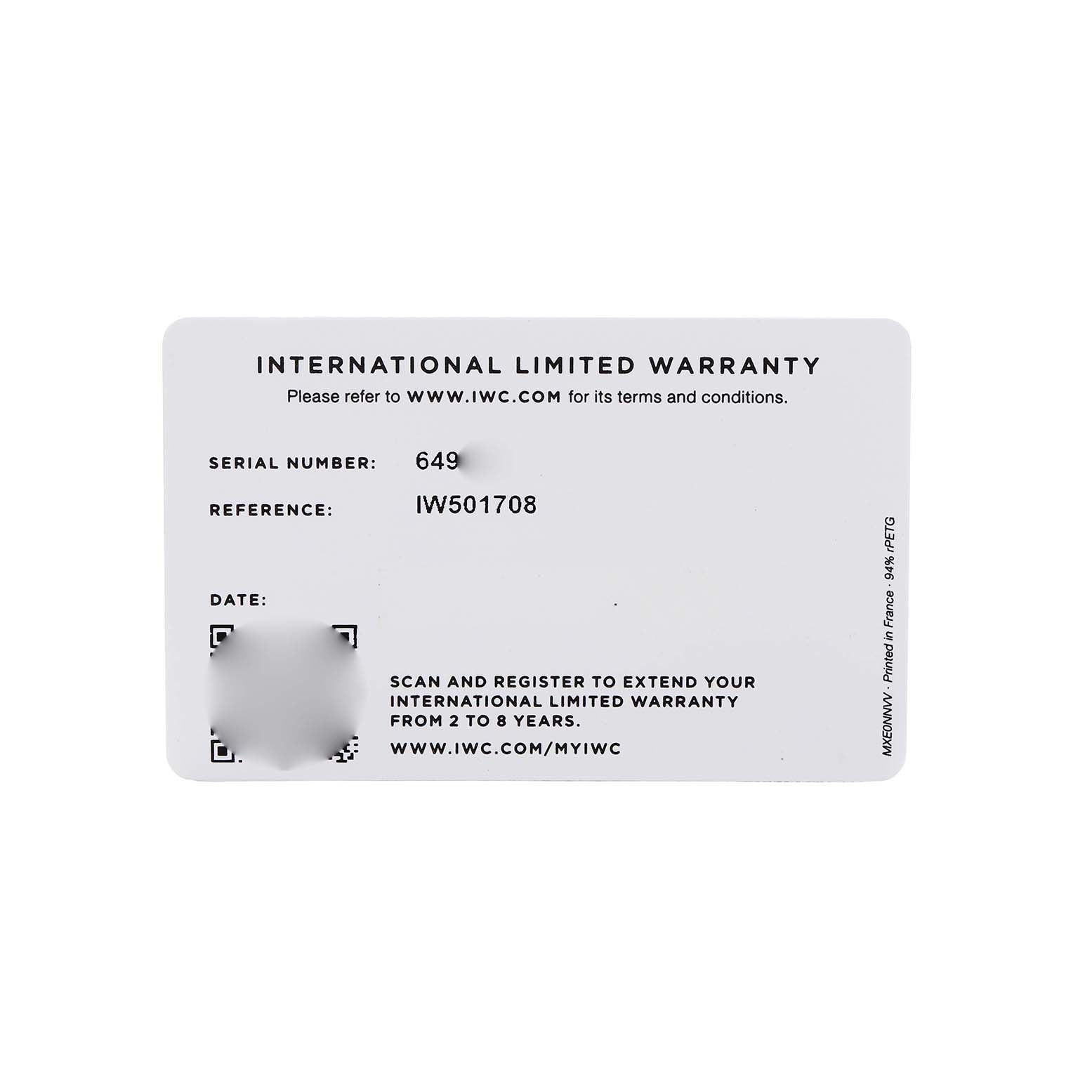 The image shows an IWC Portuguese IW501708 Men's White Gold Blue Dial model warranty card, displaying serial and reference numbers.