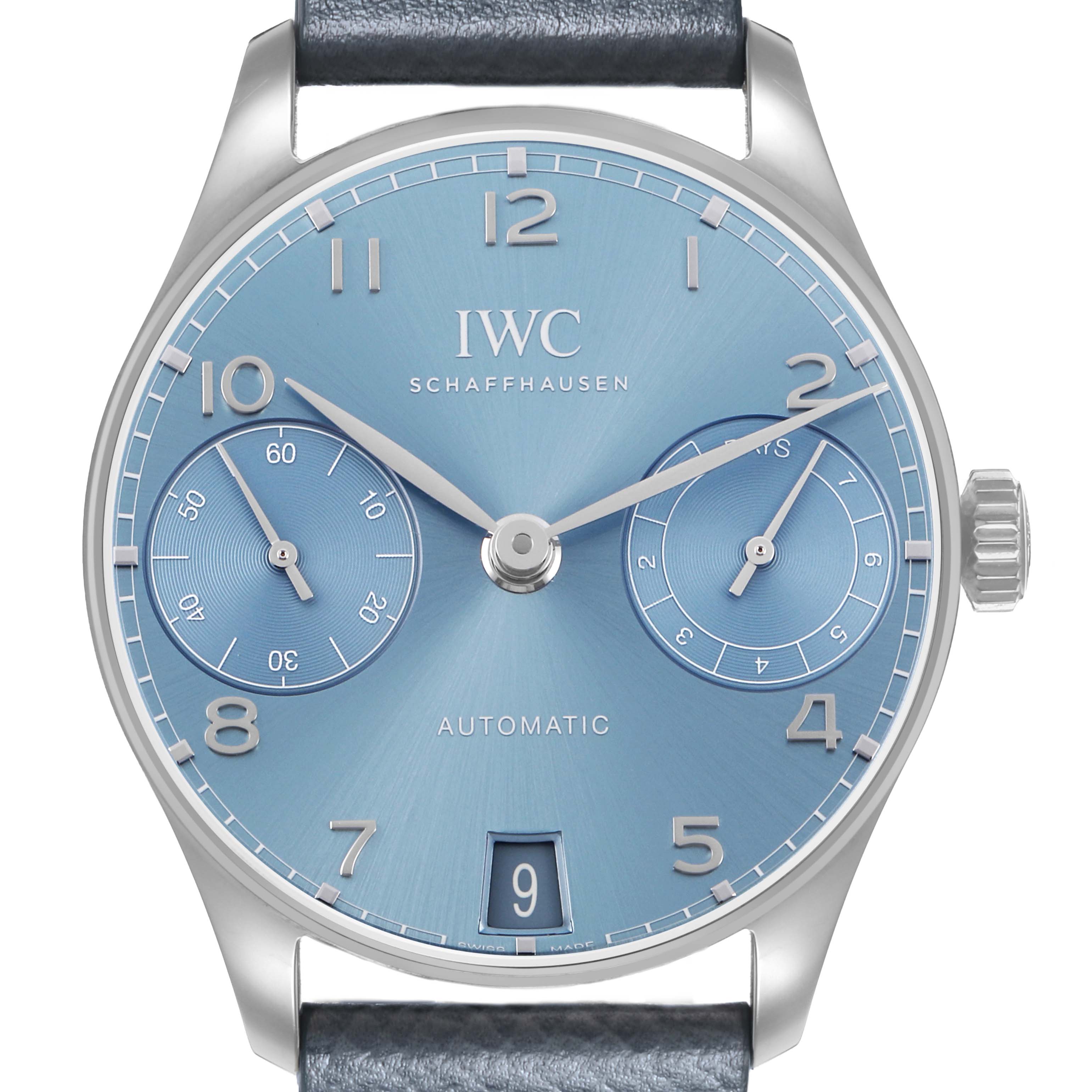 The IWC Portuguese IW501708 Men's White Gold Blue Dial watch is shown from a front angle, displaying its face, sub-dials, crown, and leather strap.