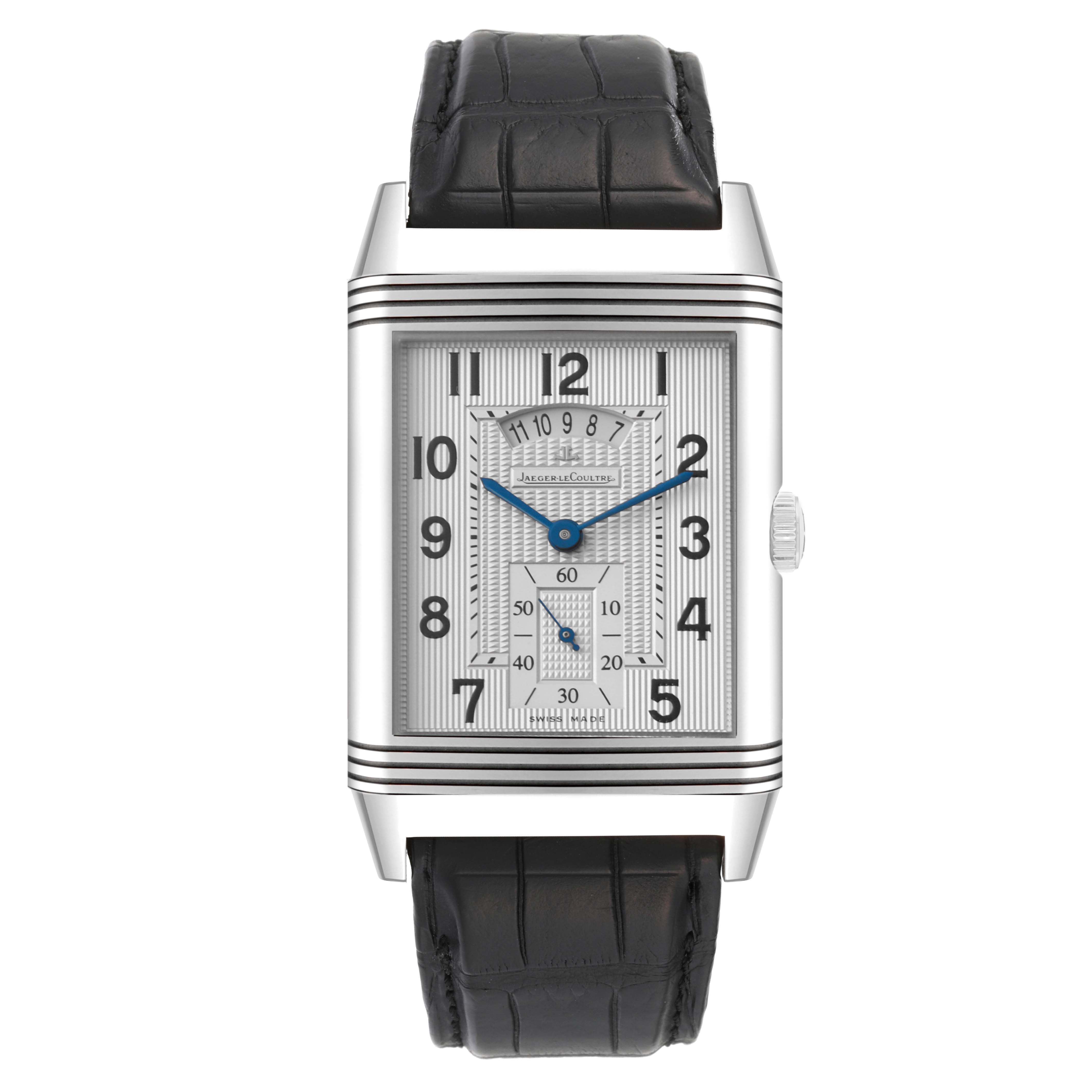 The image shows a front view of a Jaeger LeCoultre Reverso Q3748420 Men's Stainless Steel Silver Dial Q3748420 Men's Stainless Steel Silver Dial watch displaying its dial, case, and black leather strap.