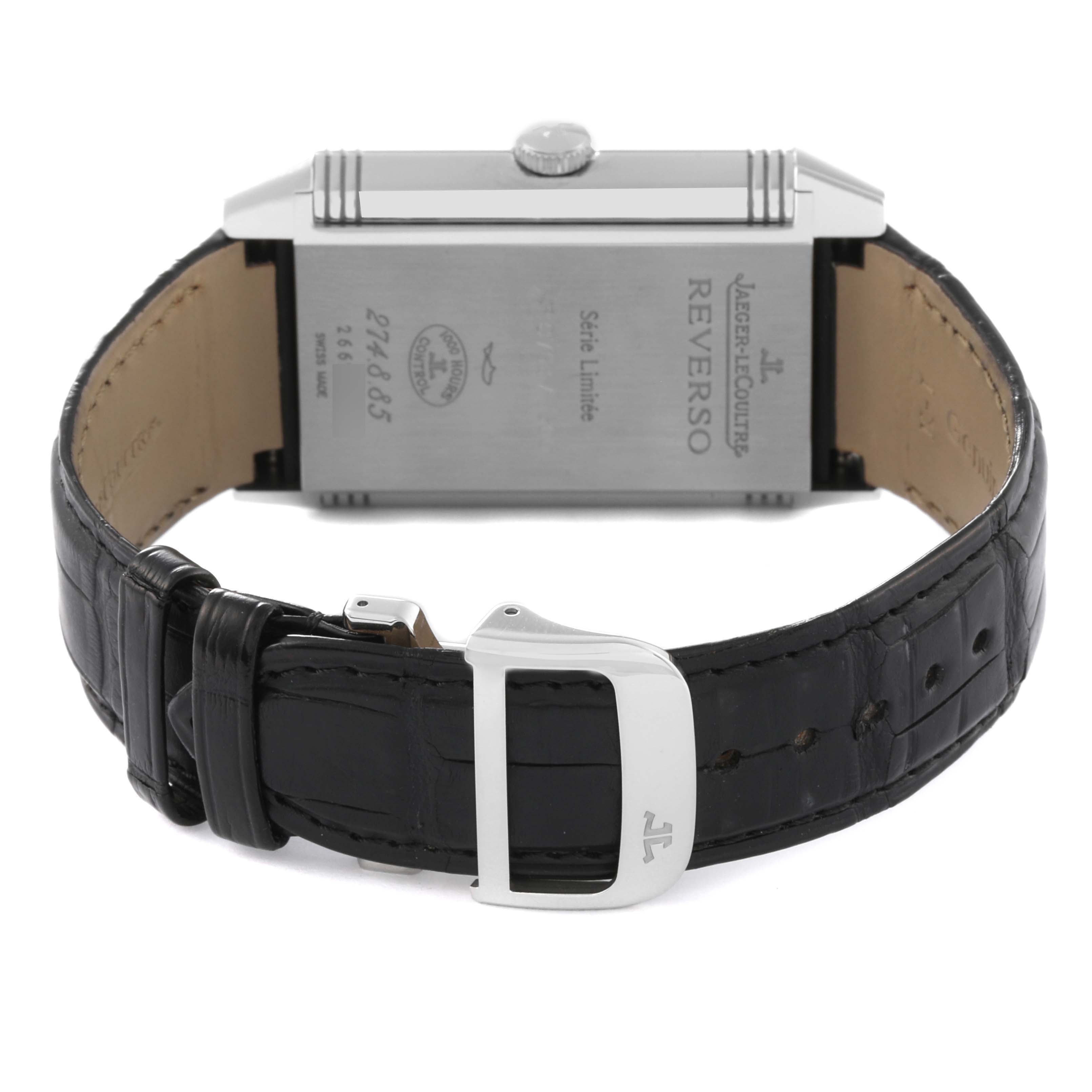 This image shows the back of a Jaeger LeCoultre Reverso Q3748420 Men's Stainless Steel Silver Dial Q3748420 Men's Stainless Steel Silver Dial watch, including its strap, buckle, and case back with engravings.