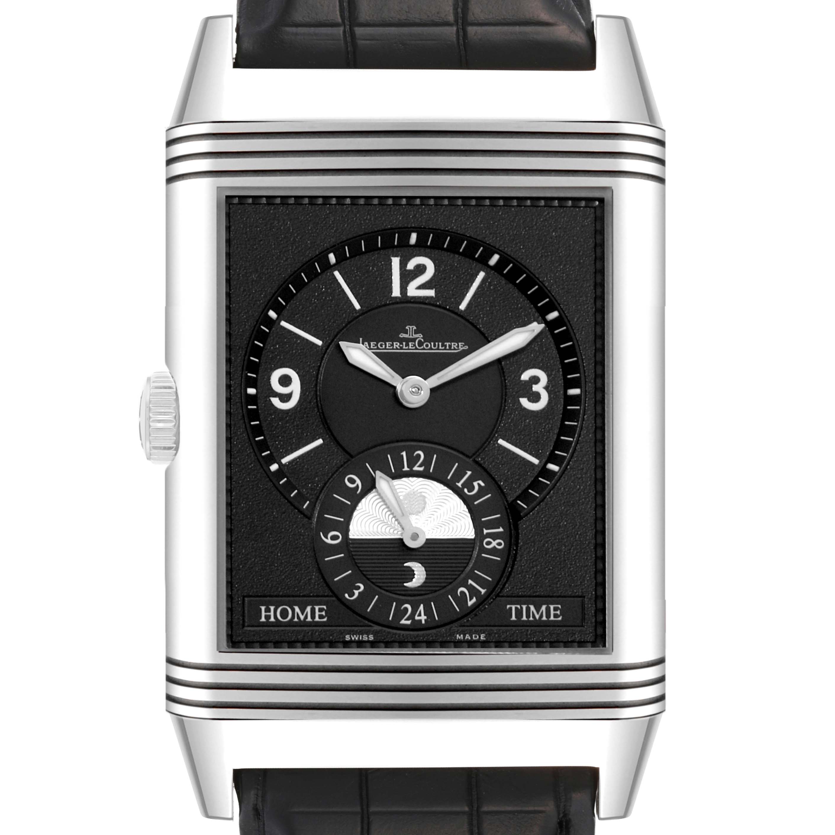 This shows a frontal view of the Jaeger LeCoultre Reverso Q3748420 Men's Stainless Steel Silver Dial Q3748420 Men's Stainless Steel Silver Dial watch face and strap, highlighting its dial and timekeeping features.