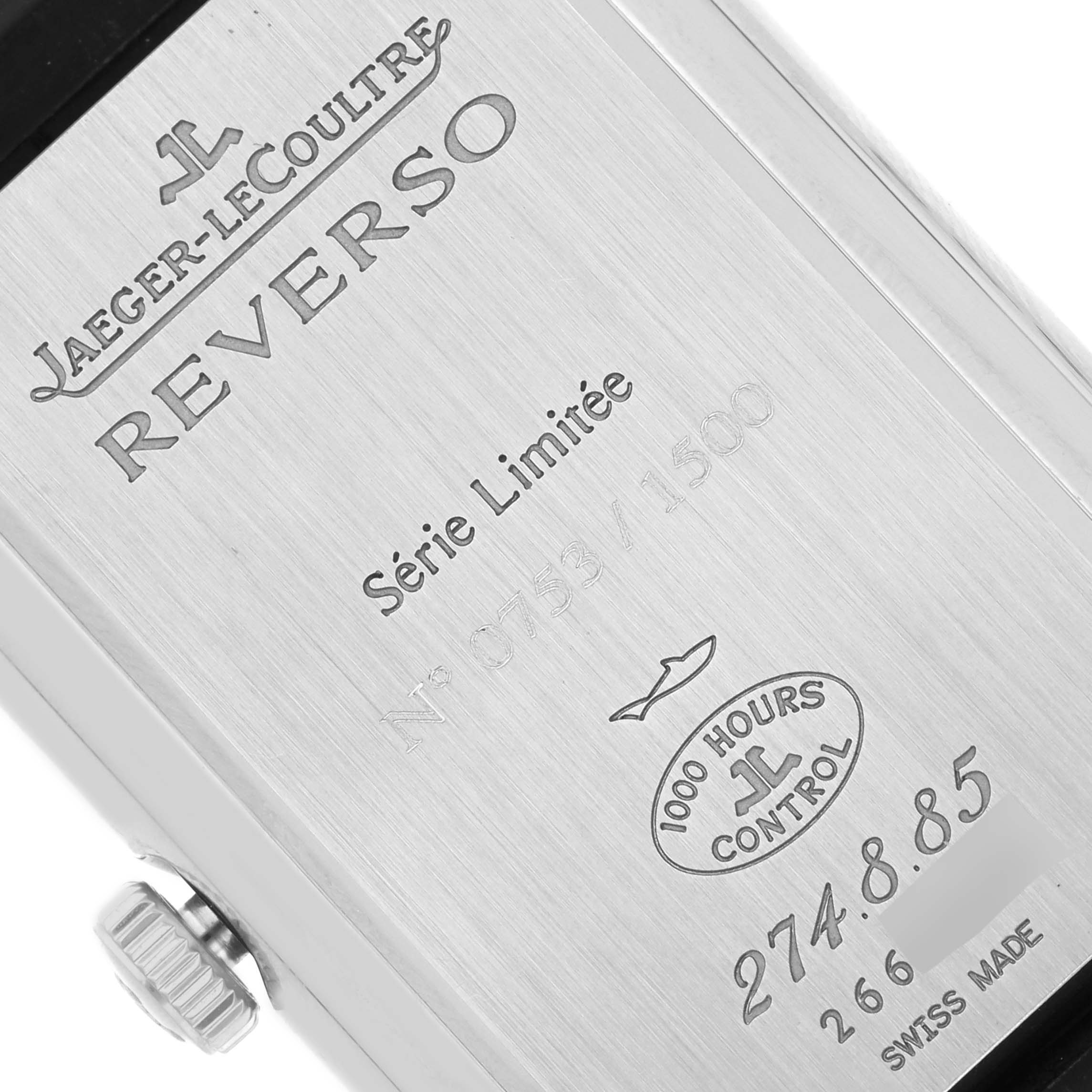 The image shows the back of a Jaeger-LeCoultre Reverso watch, featuring engravings including "Reverso," "Série Limitée," and "1000 Hours Control."
