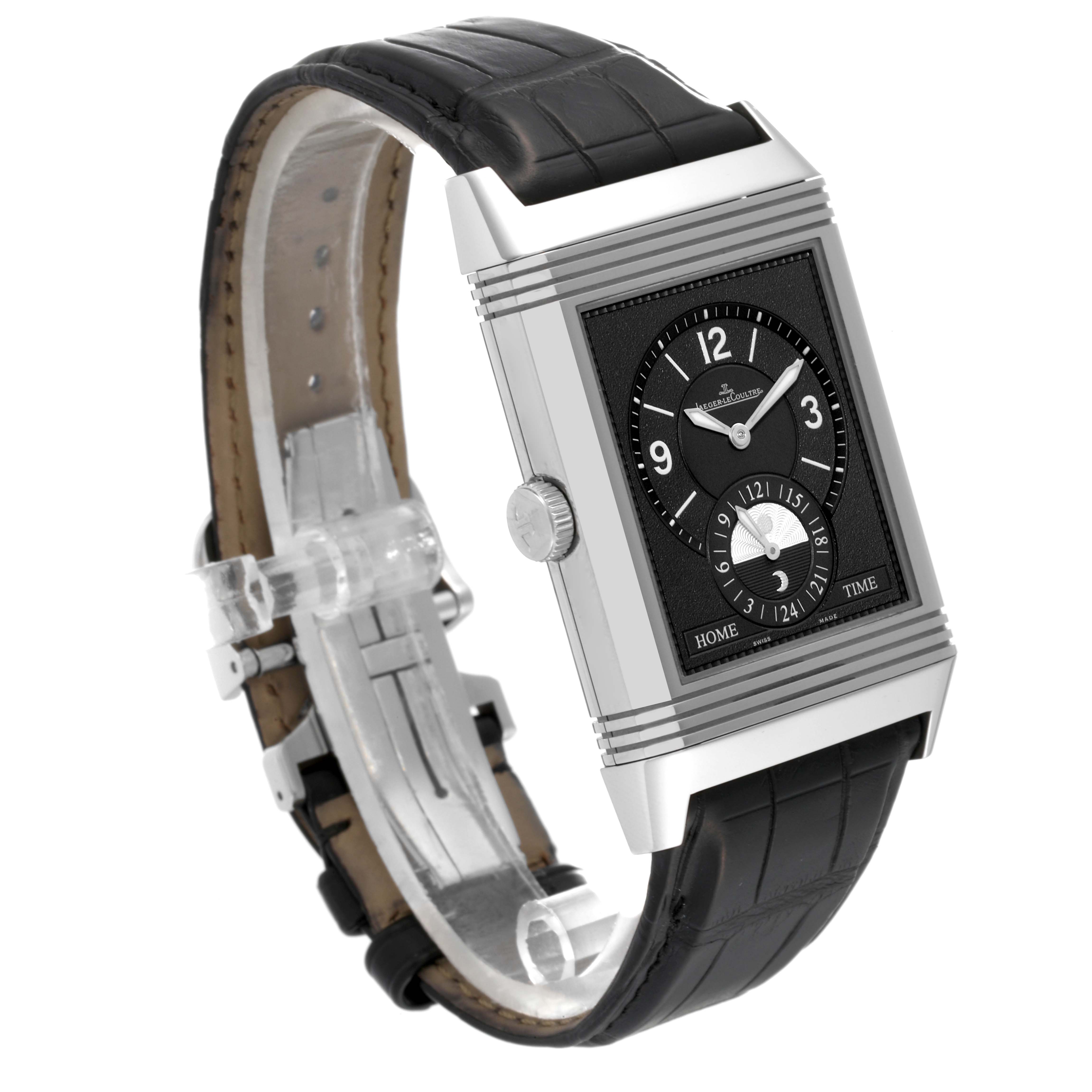 The Jaeger LeCoultre Reverso Q3748420 Men's Stainless Steel Silver Dial Q3748420 Men's Stainless Steel Silver Dial watch is shown at a slight side angle, revealing its rectangular face, crown, and leather strap.