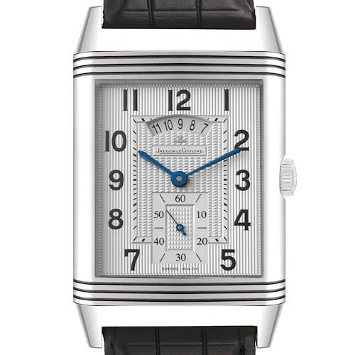 This image shows a front view of the Jaeger-LeCoultre Reverso watch, highlighting its rectangular face and intricate dial details.