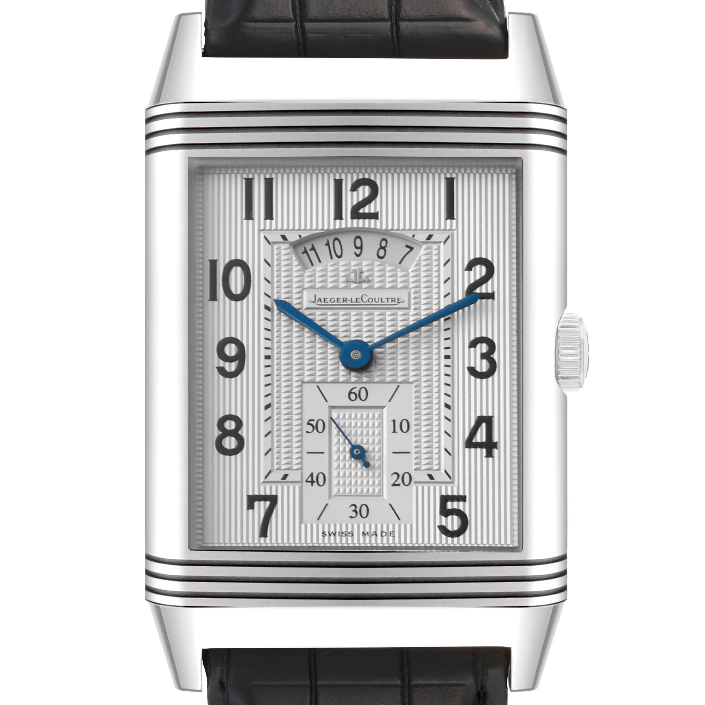 The image shows a front view of a Jaeger LeCoultre Reverso Q3748420 Men's Stainless Steel Silver Dial Q3748420 Men's Stainless Steel Silver Dial watch, highlighting its rectangular dial, Arabic numerals, and leather strap.
