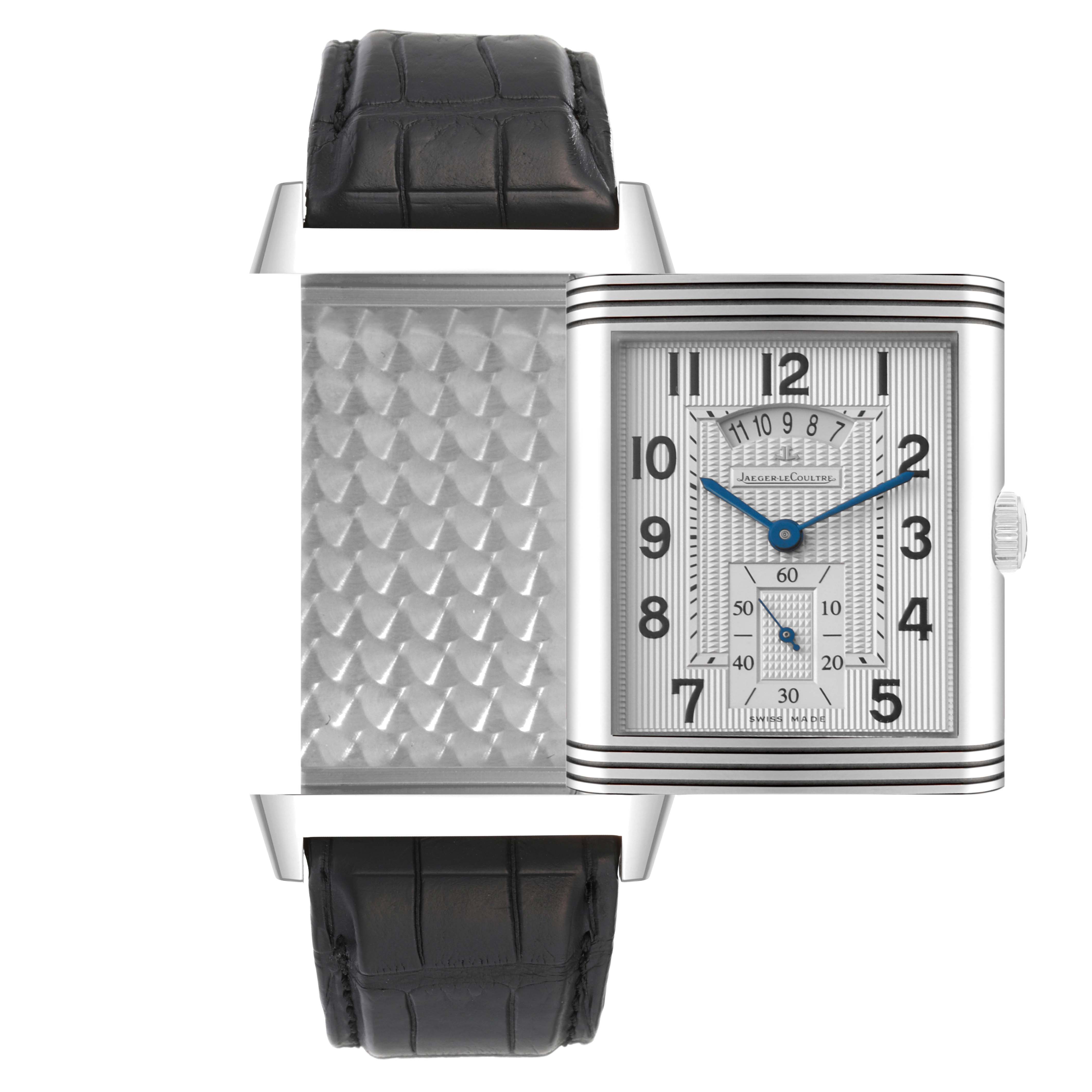 This image shows the front and back of a Jaeger LeCoultre Reverso Q3748420 Men's Stainless Steel Silver Dial Q3748420 Men's Stainless Steel Silver Dial watch with the case partially swiveled.