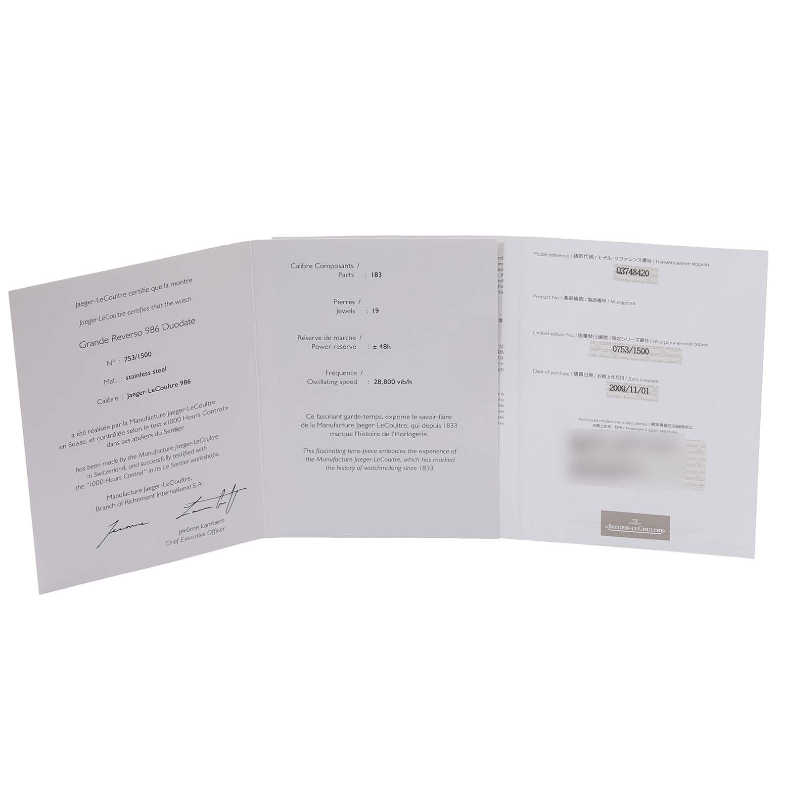 The image shows the open booklet certifying the Jaeger-LeCoultre Grande Reverso 986 Duodate watch.