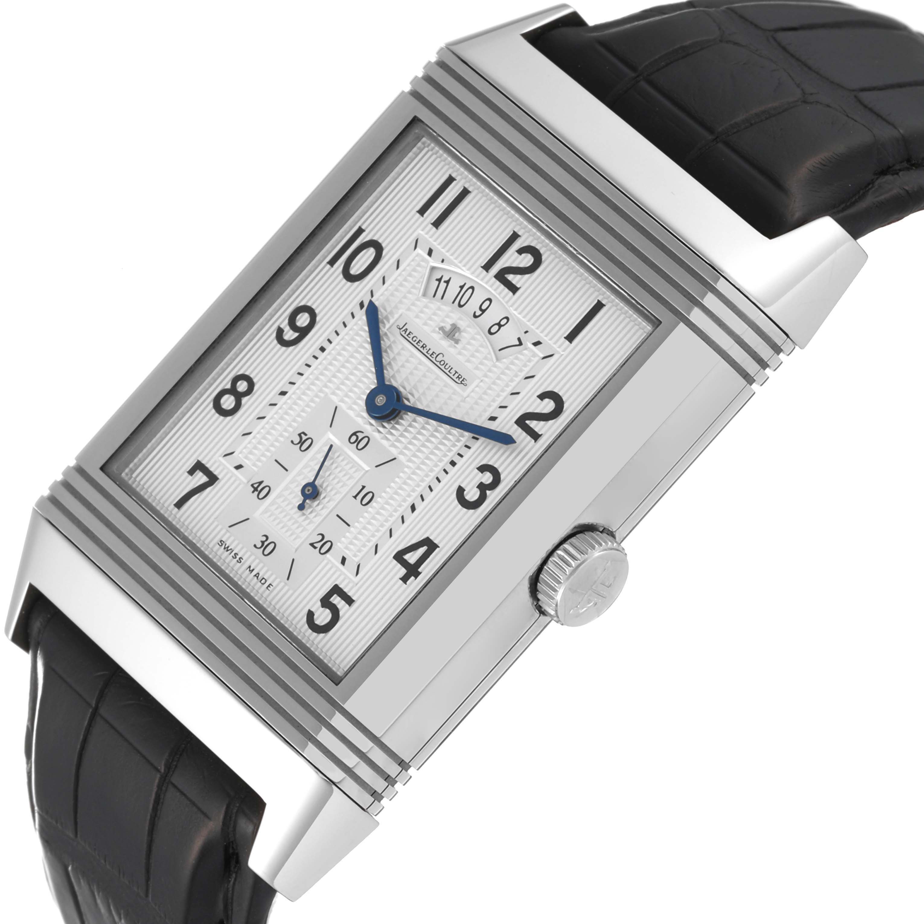 The Reverso model by Jaeger-LeCoultre is shown at a slightly tilted angle, highlighting the dial, crown, and part of the strap.
