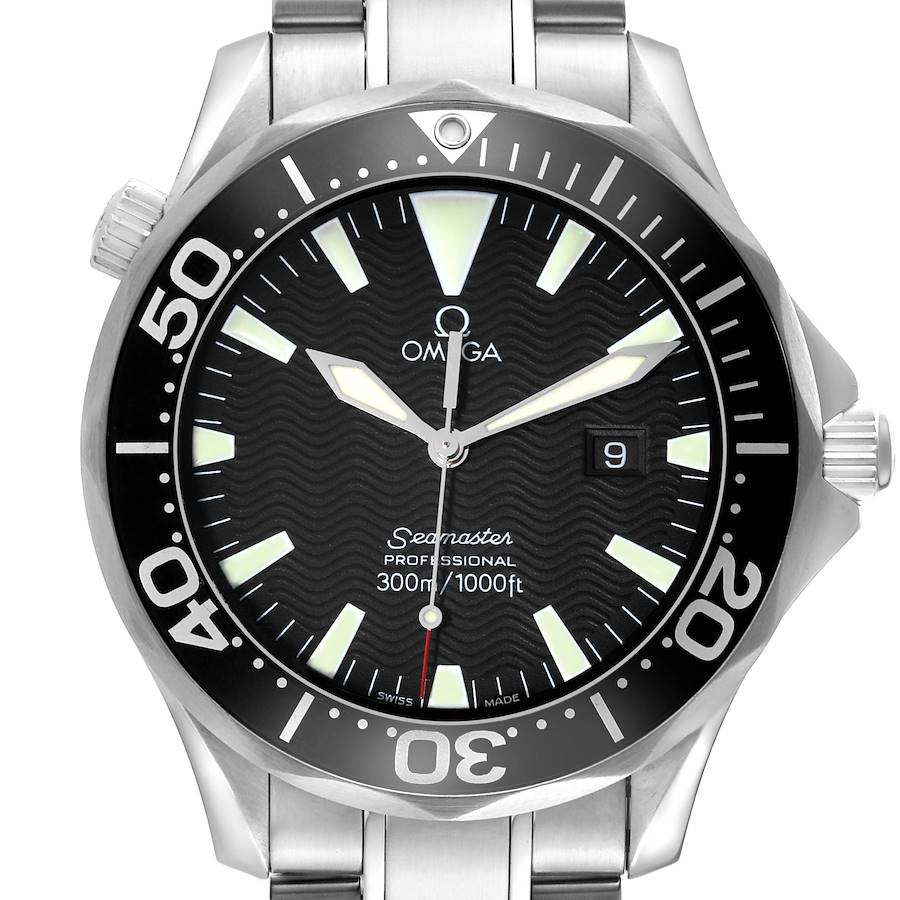 This Omega Seamaster 2264.50.00 Men's Stainless Steel Black Dial watch is shown from the front, highlighting the dial, bezel, and part of the bracelet.