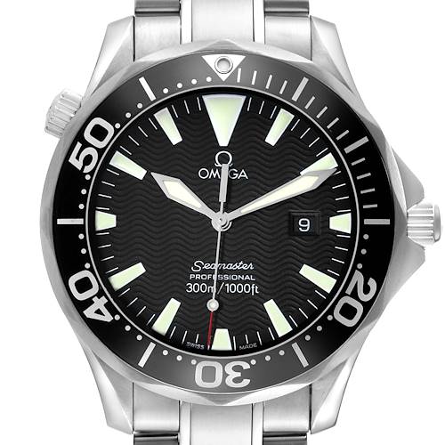 The Omega Seamaster 2264.50.00 Men's Stainless Steel Black Dial watch is shown from a frontal angle, displaying the dial, bezel, crown, and part of the bracelet.