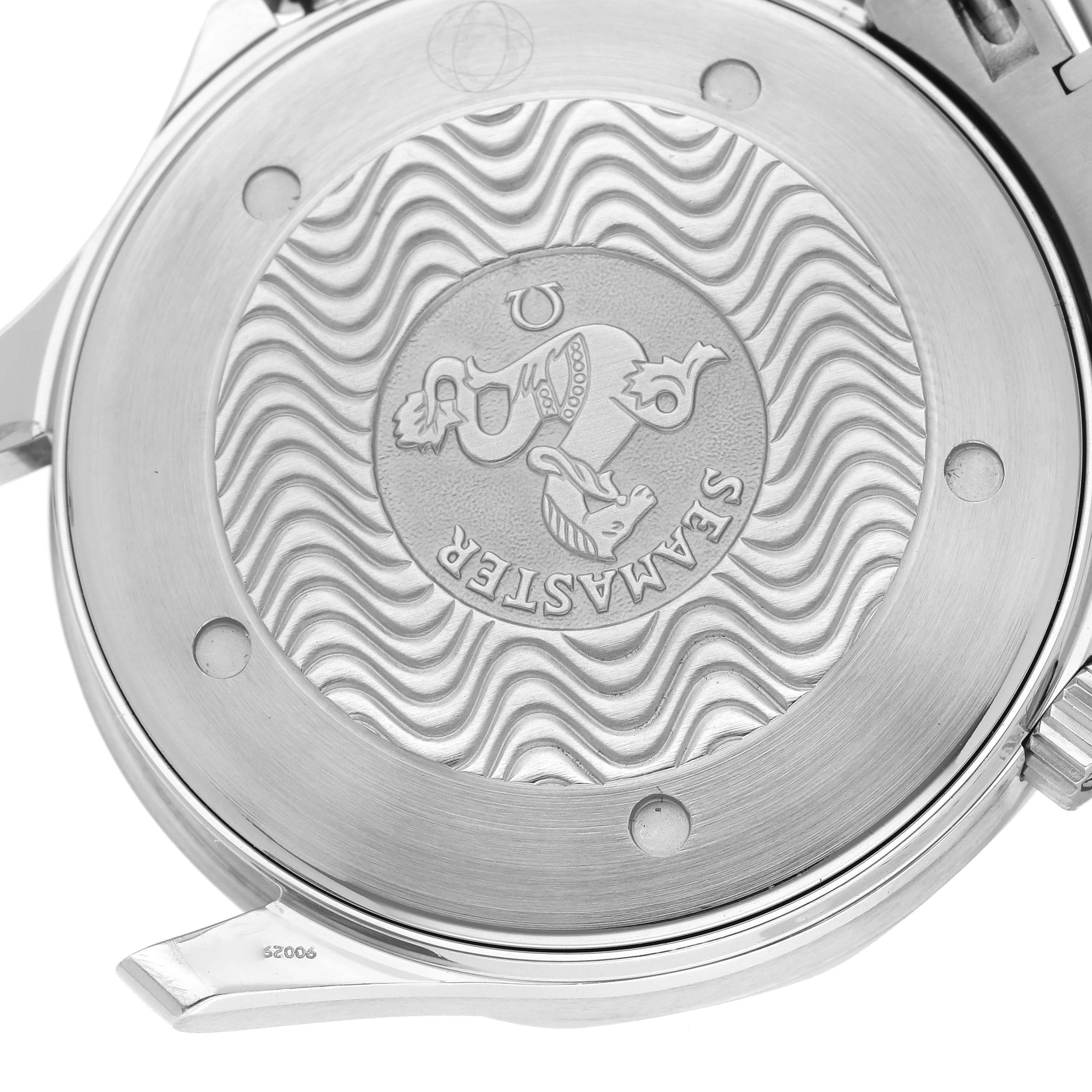 The image shows the case back of the Omega Seamaster 2264.50.00 Men
s Stainless Steel Black Dial, featuring the embossed emblem and wavy pattern.