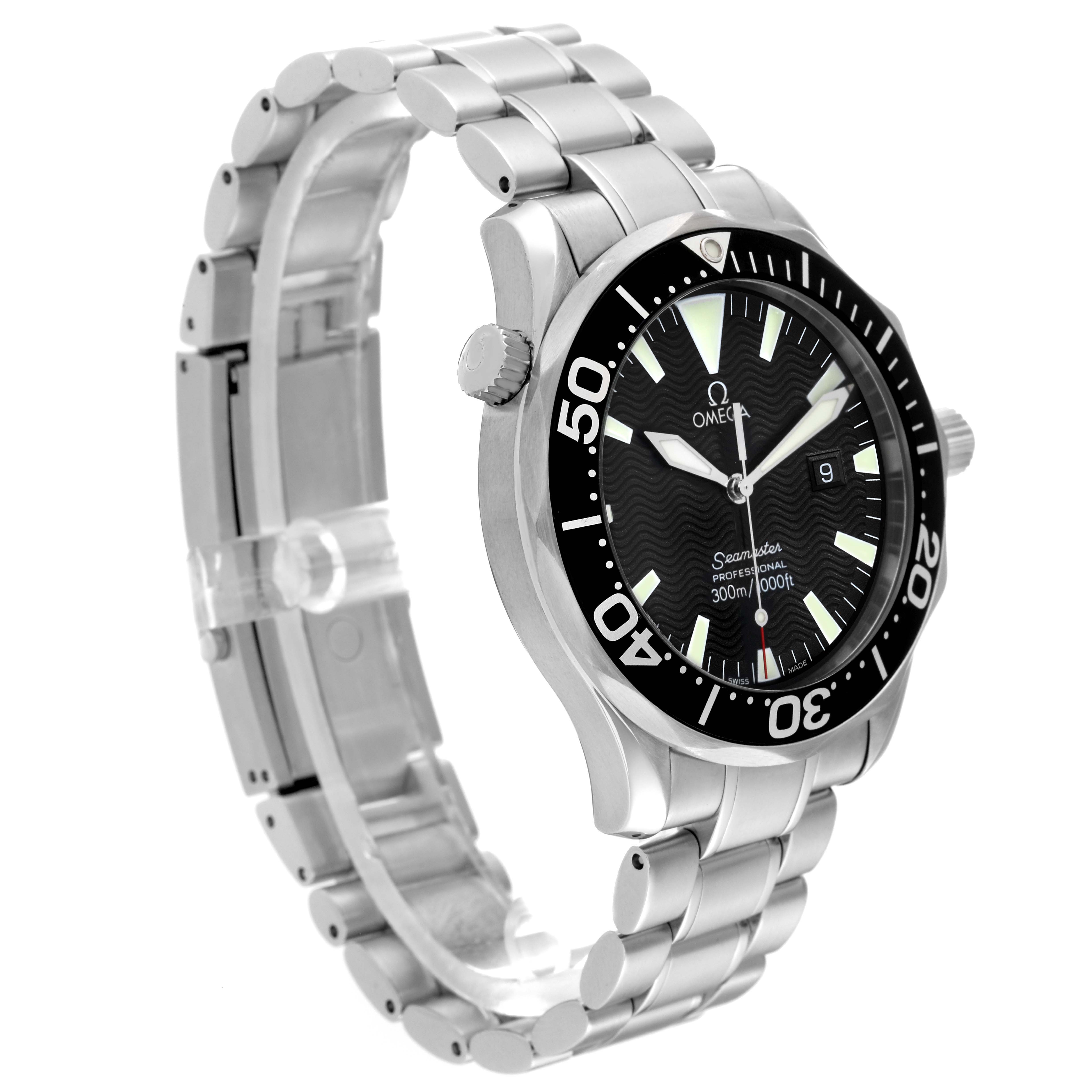 The Omega Seamaster 2264.50.00 Men
s Stainless Steel Black Dial watch is shown at a three-quarter angle, highlighting the face, bezel, and stainless steel bracelet.