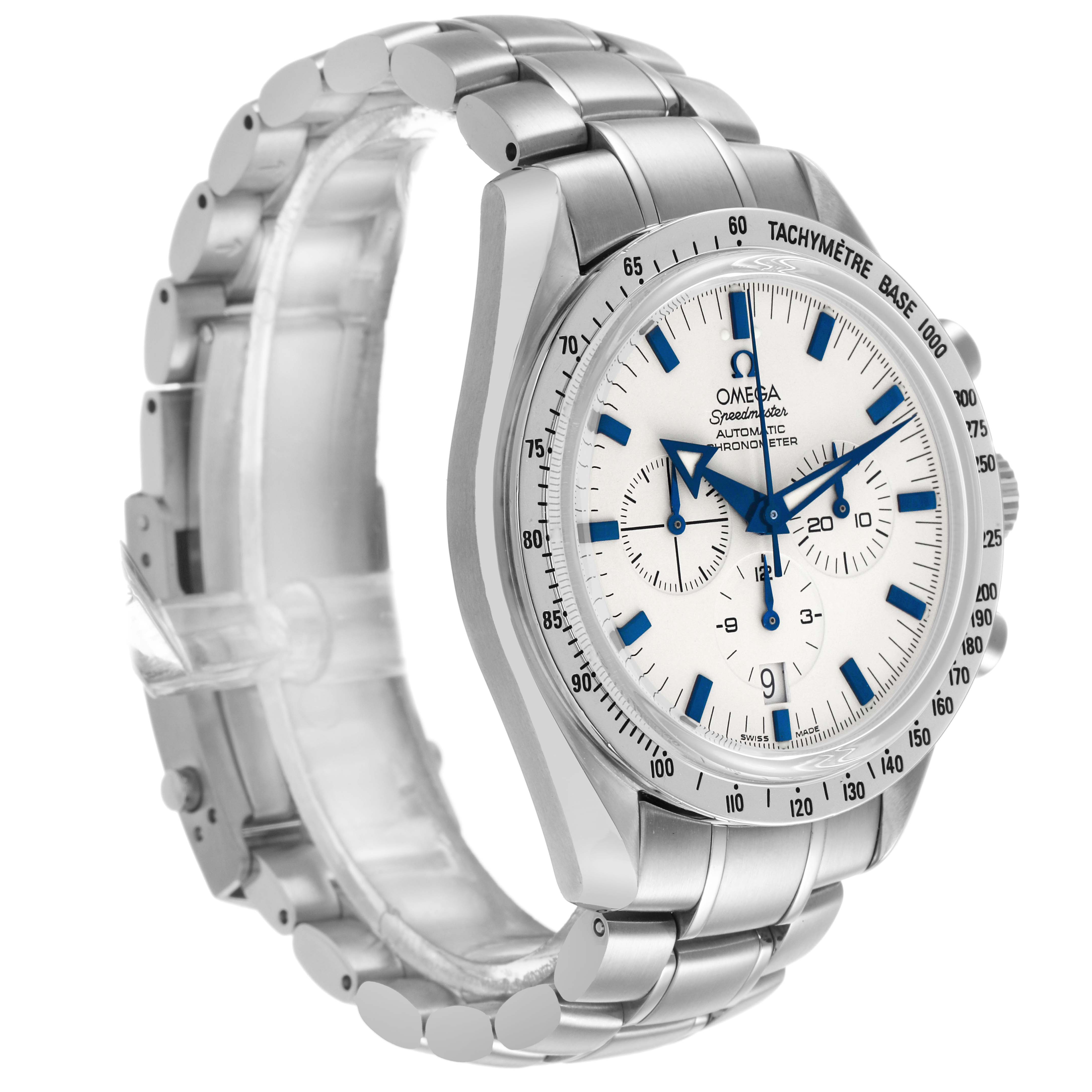 The Omega Speedmaster 3551.20.00 Men's Stainless Steel White Dial watch is shown at a slight angle displaying the face, tachymeter, and stainless steel bracelet.