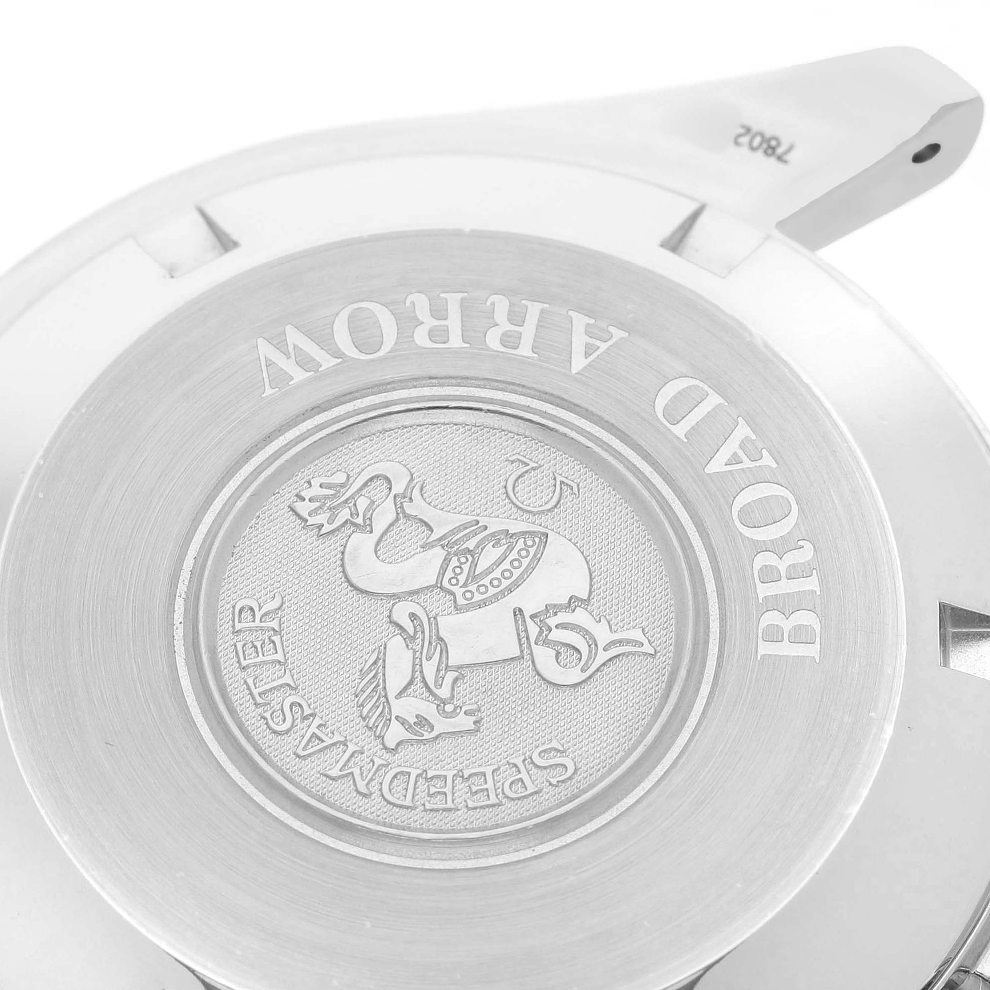 The image shows the case back of an Omega Speedmaster 3551.20.00 Men's Stainless Steel White Dial Broad Arrow watch, highlighting its embossed design and branding.