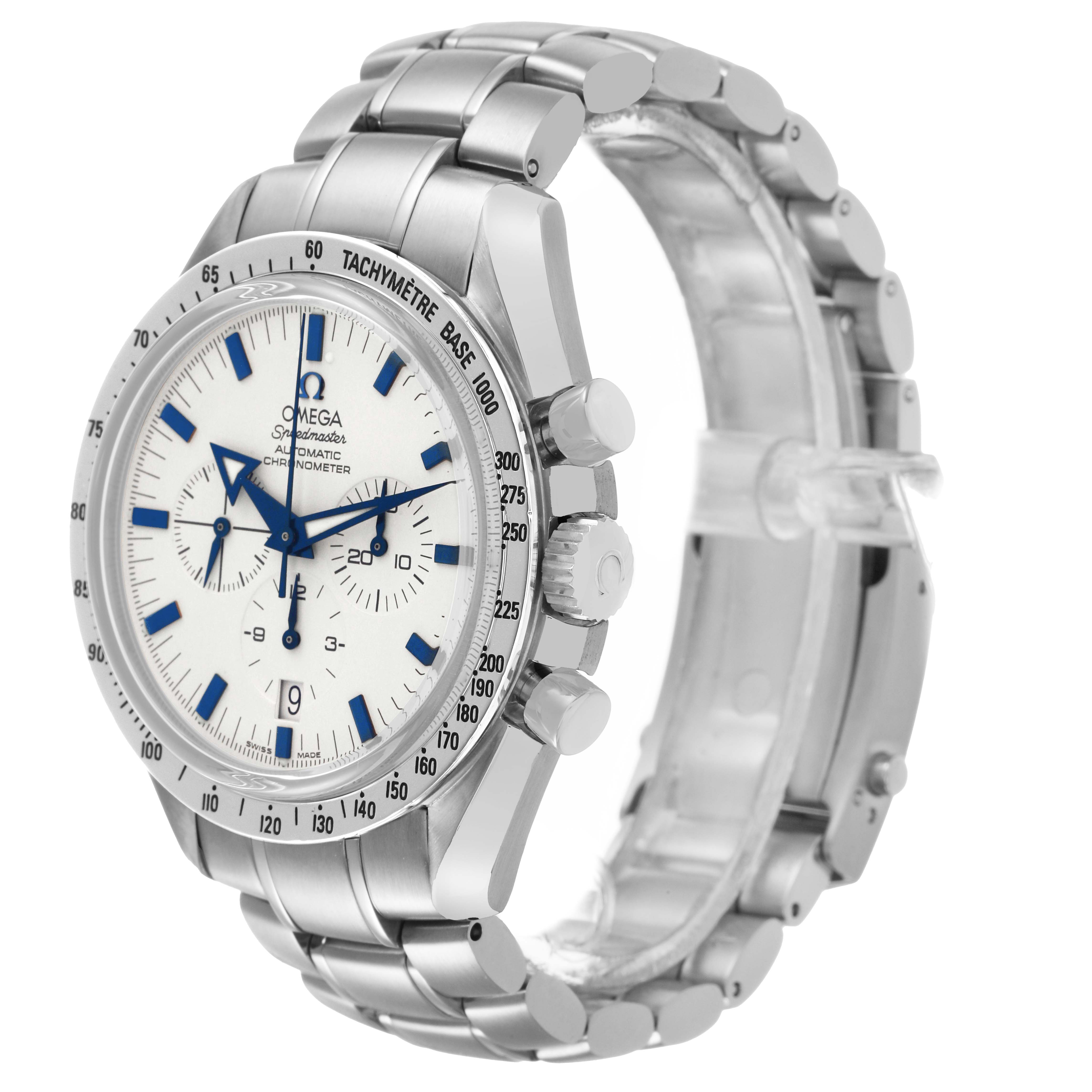 The Omega Speedmaster 3551.20.00 Men's Stainless Steel White Dial watch is shown at a three-quarter angle, highlighting the face, bezel, crown, and bracelet.
