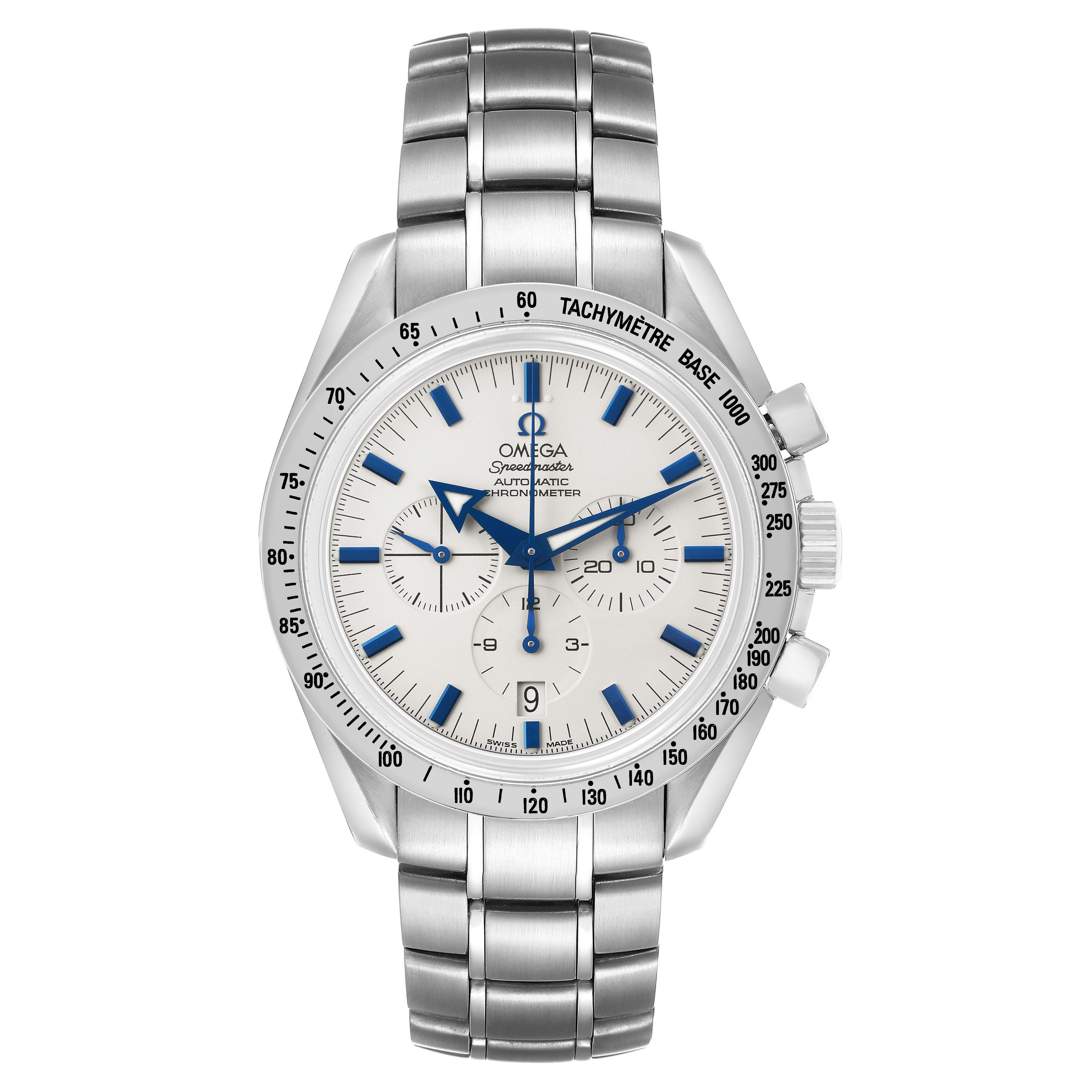 The Omega Speedmaster 3551.20.00 Men's Stainless Steel White Dial watch is shown from the front, displaying the dial, tachymeter bezel, and metal bracelet.