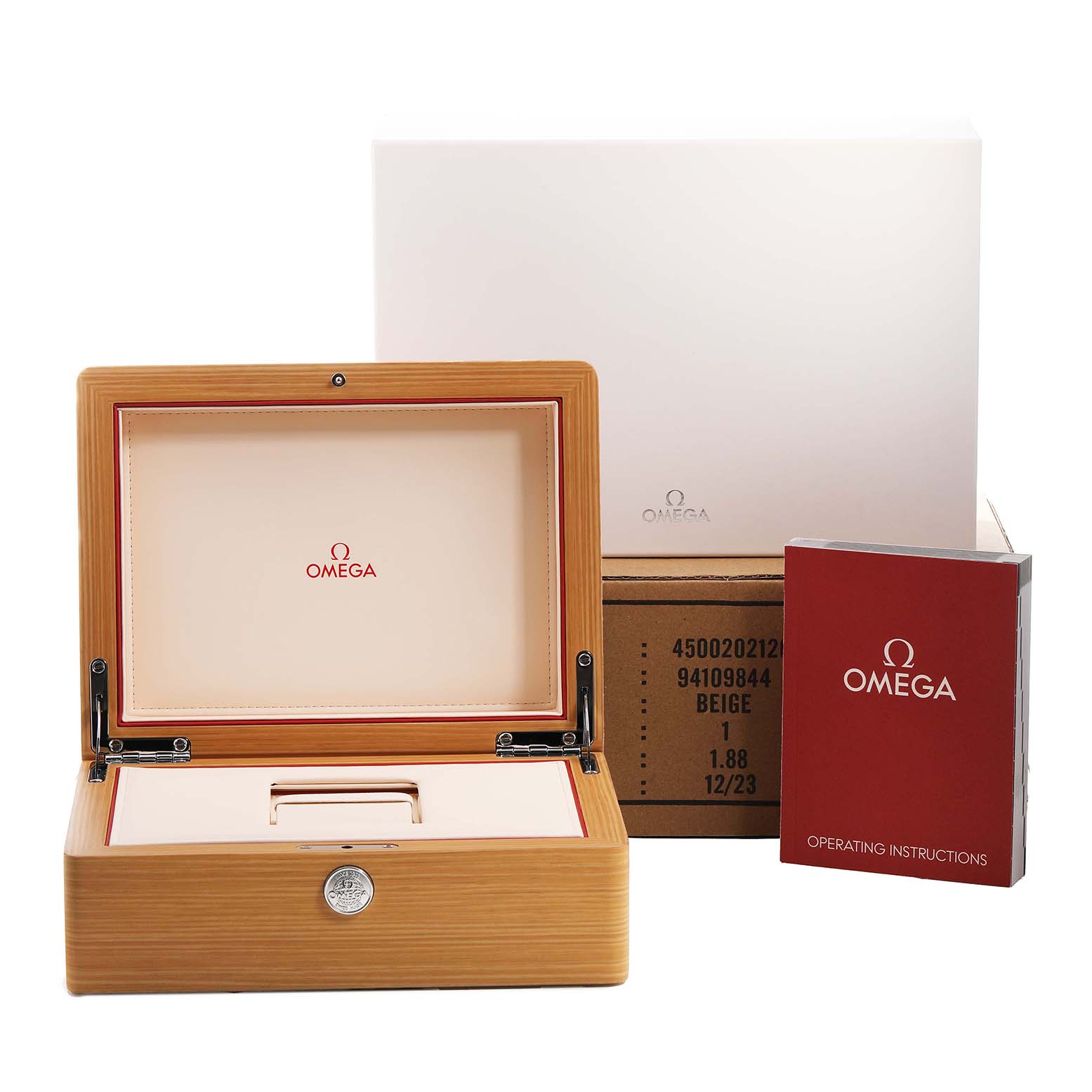 The image shows an Omega Speedmaster 3551.20.00 Men's Stainless Steel White Dial watch box, outer packaging, and operating instructions.
