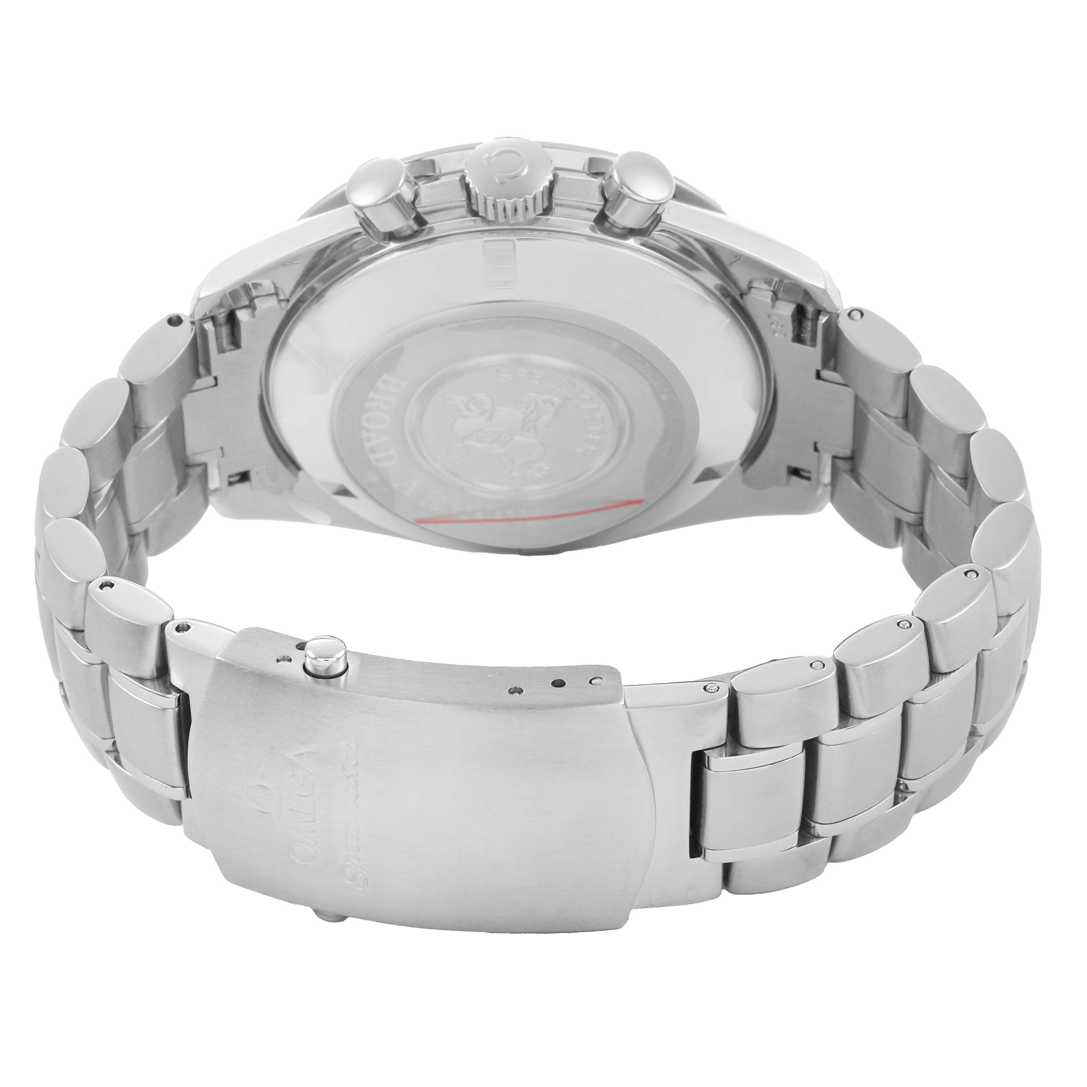 The image shows the back view of an Omega Speedmaster 3551.20.00 Men's Stainless Steel White Dial, highlighting the clasp, bracelet, and case back.