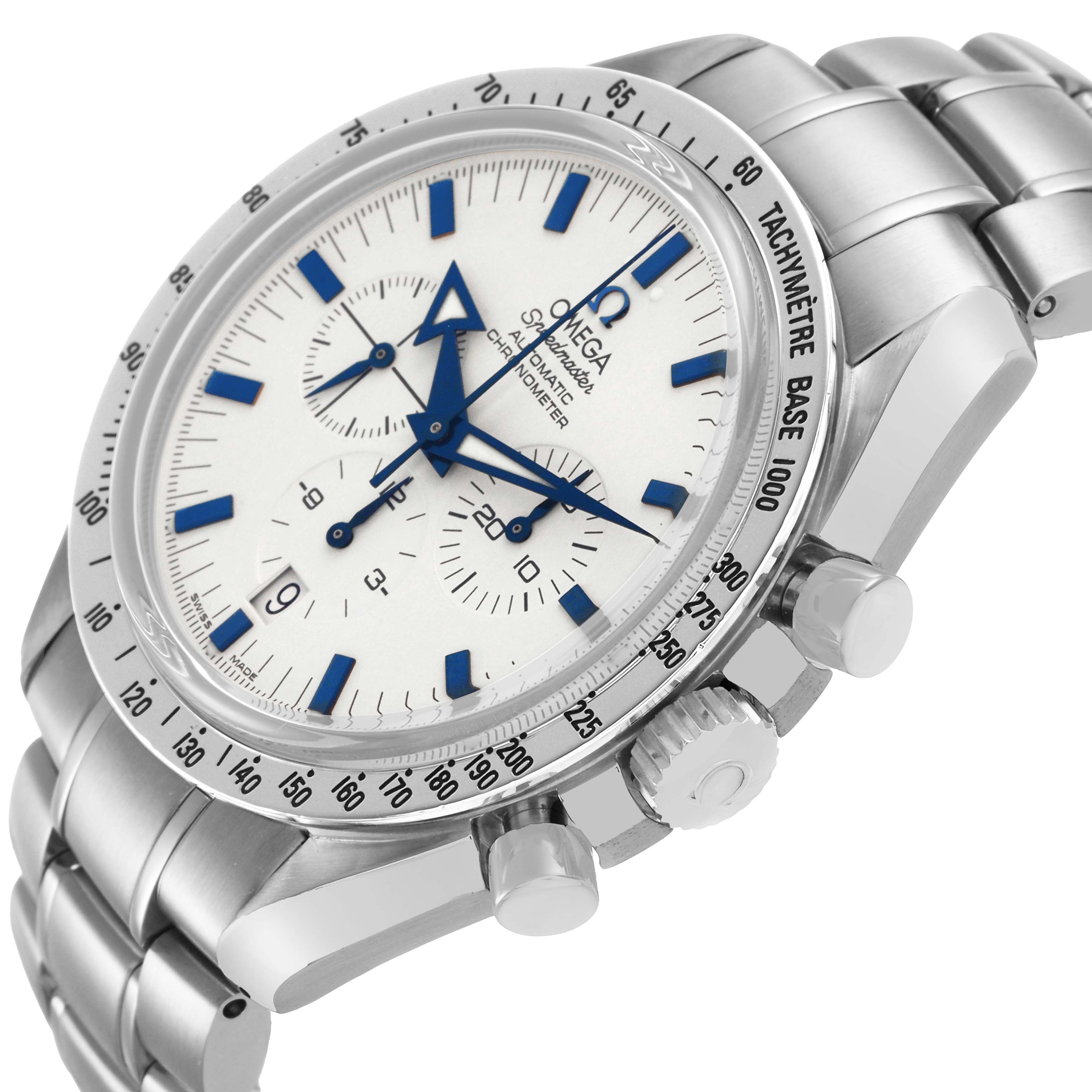 The Omega Speedmaster 3551.20.00 Men's Stainless Steel White Dial watch is shown at an angled side view, highlighting the dial, bezel, pushers, and bracelet.