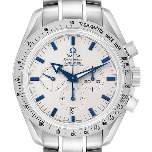 The Omega Speedmaster 3551.20.00 Men's Stainless Steel White Dial watch is shown from a front angle, highlighting its dial, subdials, bezel, and bracelet.