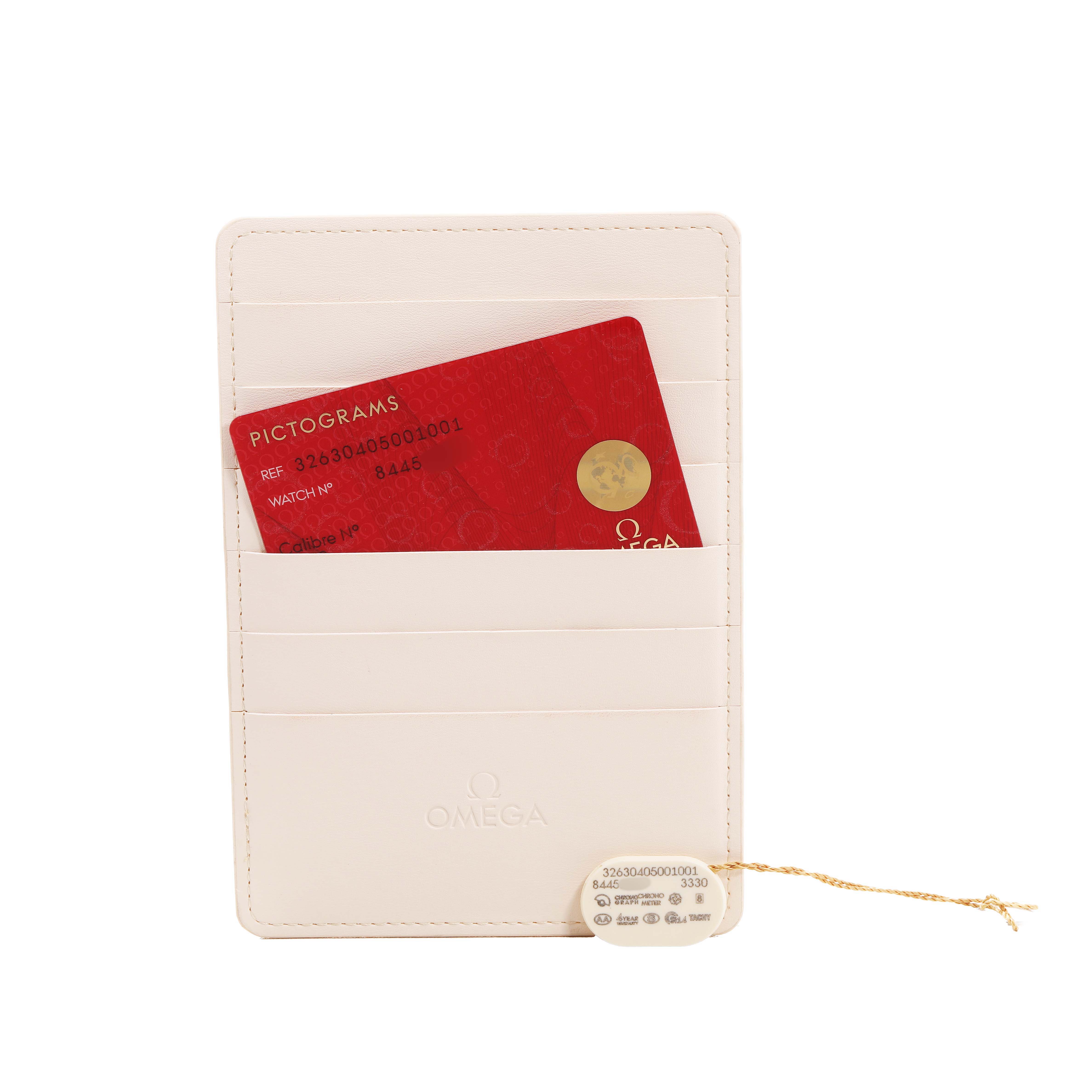 The image shows an Omega Speedmaster 326.30.40.50.01.001 Men's Stainless Steel Black Dial cardholder with a red pictograms card and a tag attached.