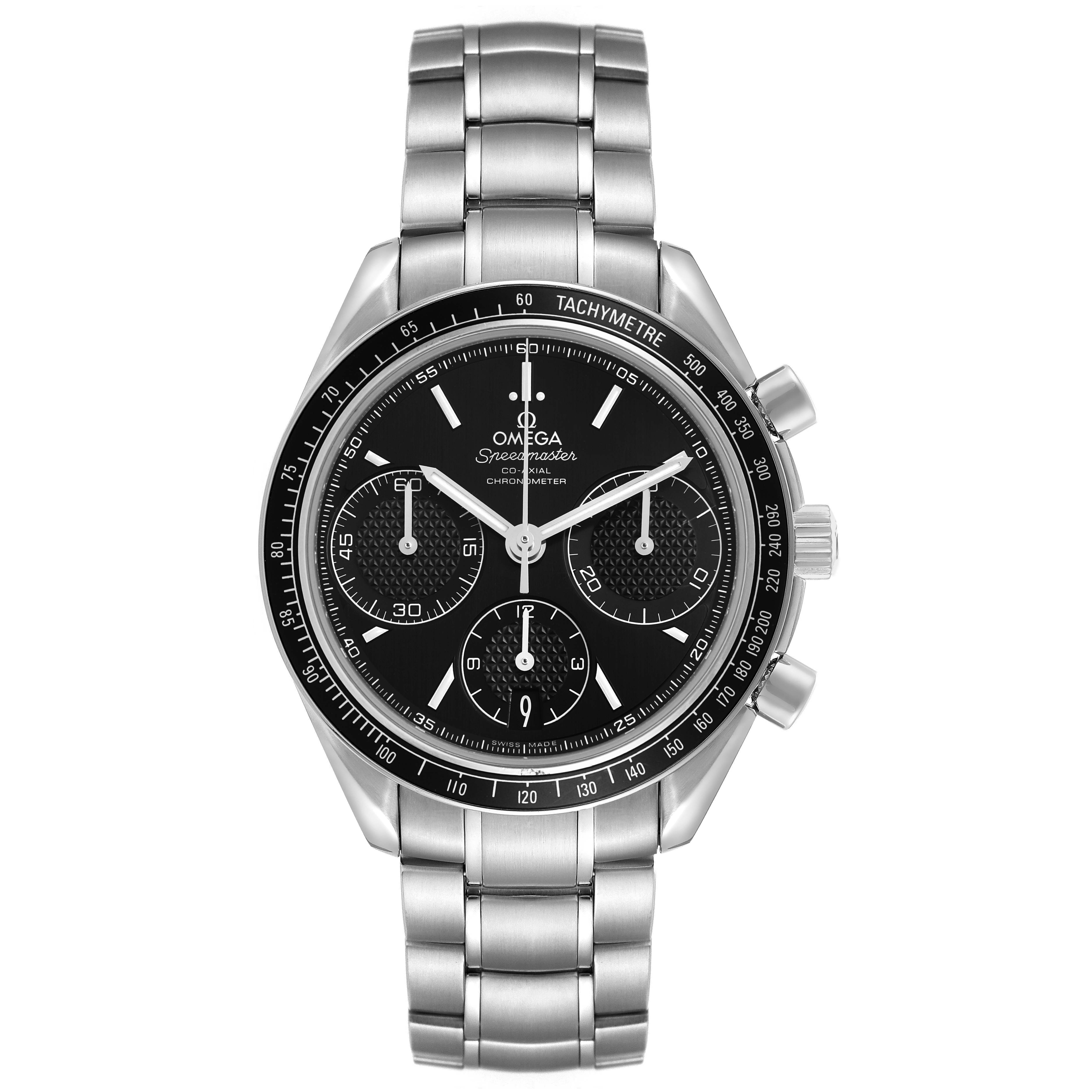 The Omega Speedmaster 326.30.40.50.01.001 Men's Stainless Steel Black Dial watch is shown from the front, highlighting the dial, bezel, and stainless steel bracelet.