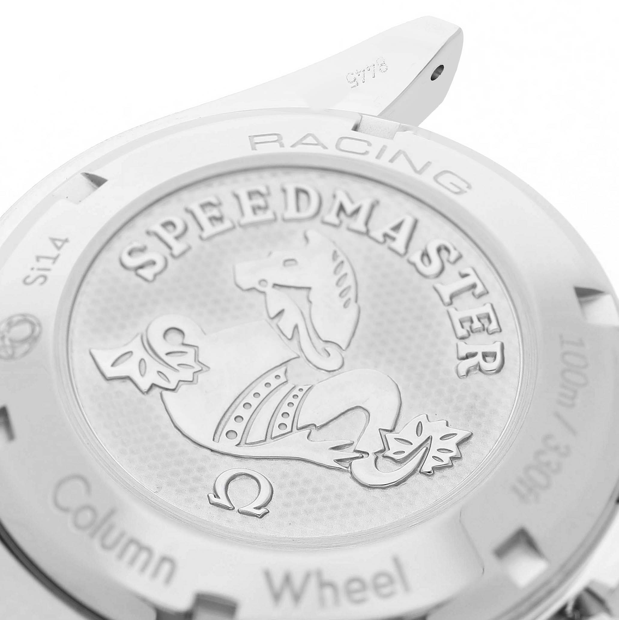 The image shows the case back of an Omega Speedmaster 326.30.40.50.01.001 Men's Stainless Steel Black Dial, featuring a seahorse emblem and engraved details.