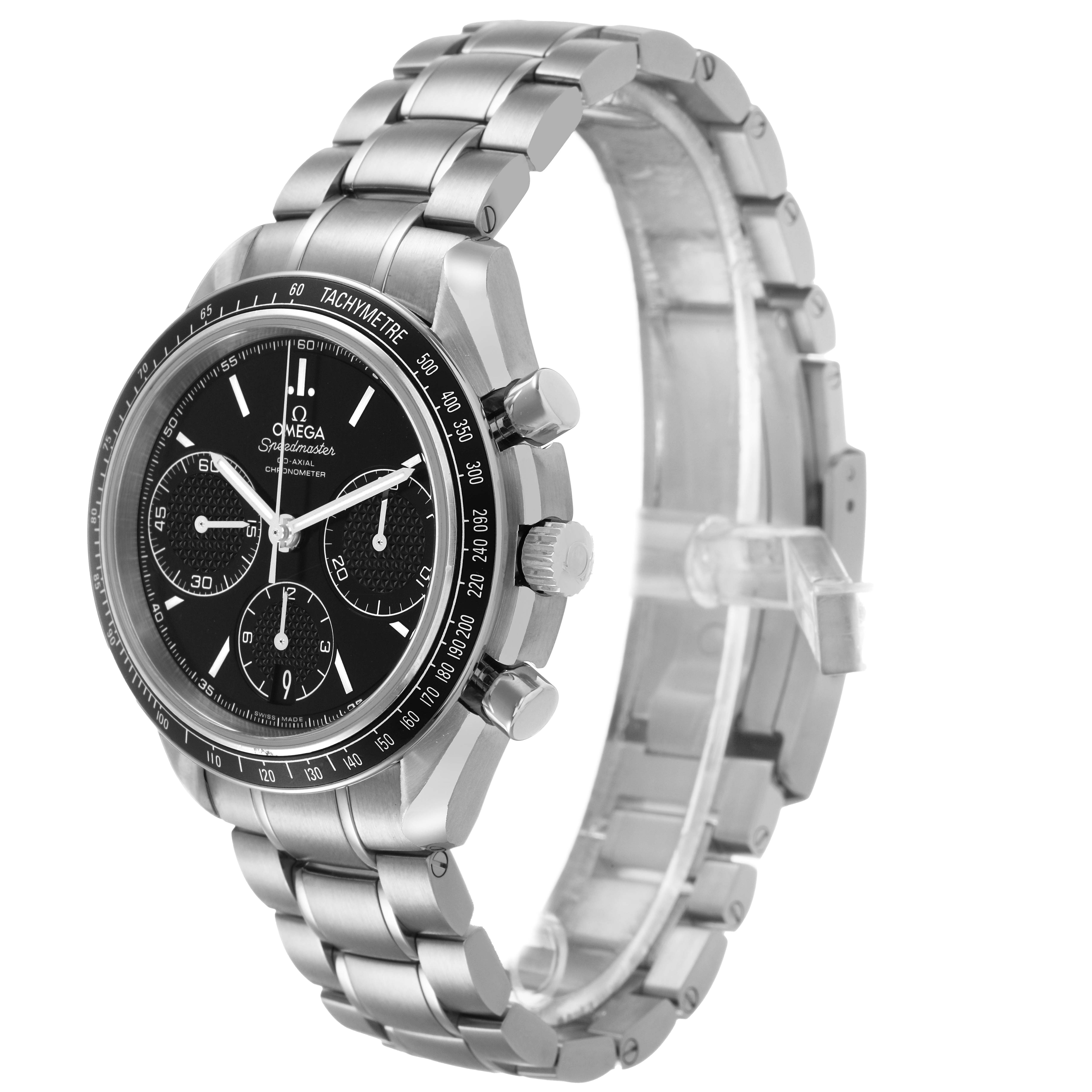 The image shows an Omega Speedmaster 326.30.40.50.01.001 Men's Stainless Steel Black Dial from a three-quarter angle, highlighting its black dial, tachymeter bezel, and stainless steel bracelet.