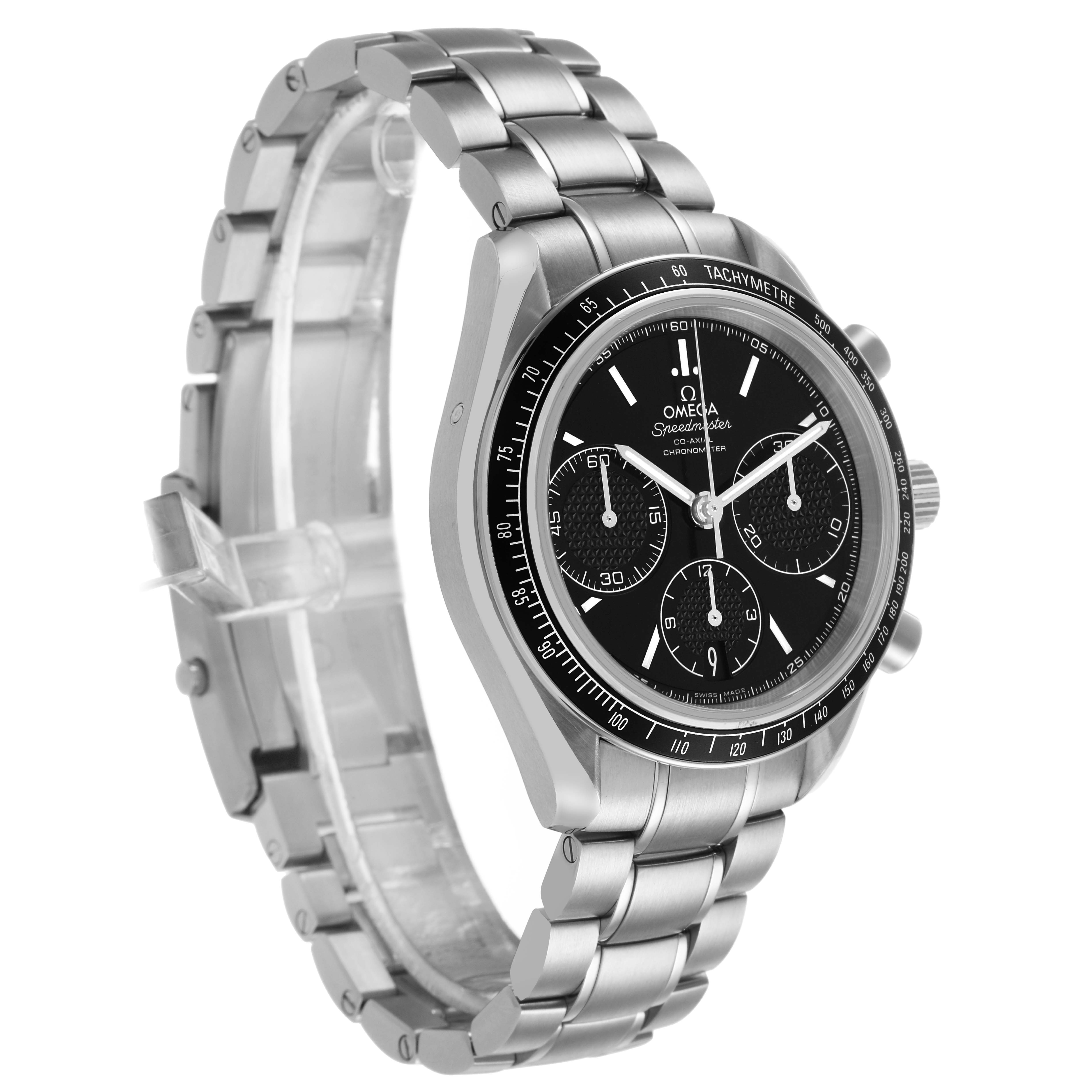 The Omega Speedmaster 326.30.40.50.01.001 Men's Stainless Steel Black Dial watch is shown at an oblique angle, highlighting the face, bezel, pushers, and stainless steel bracelet.