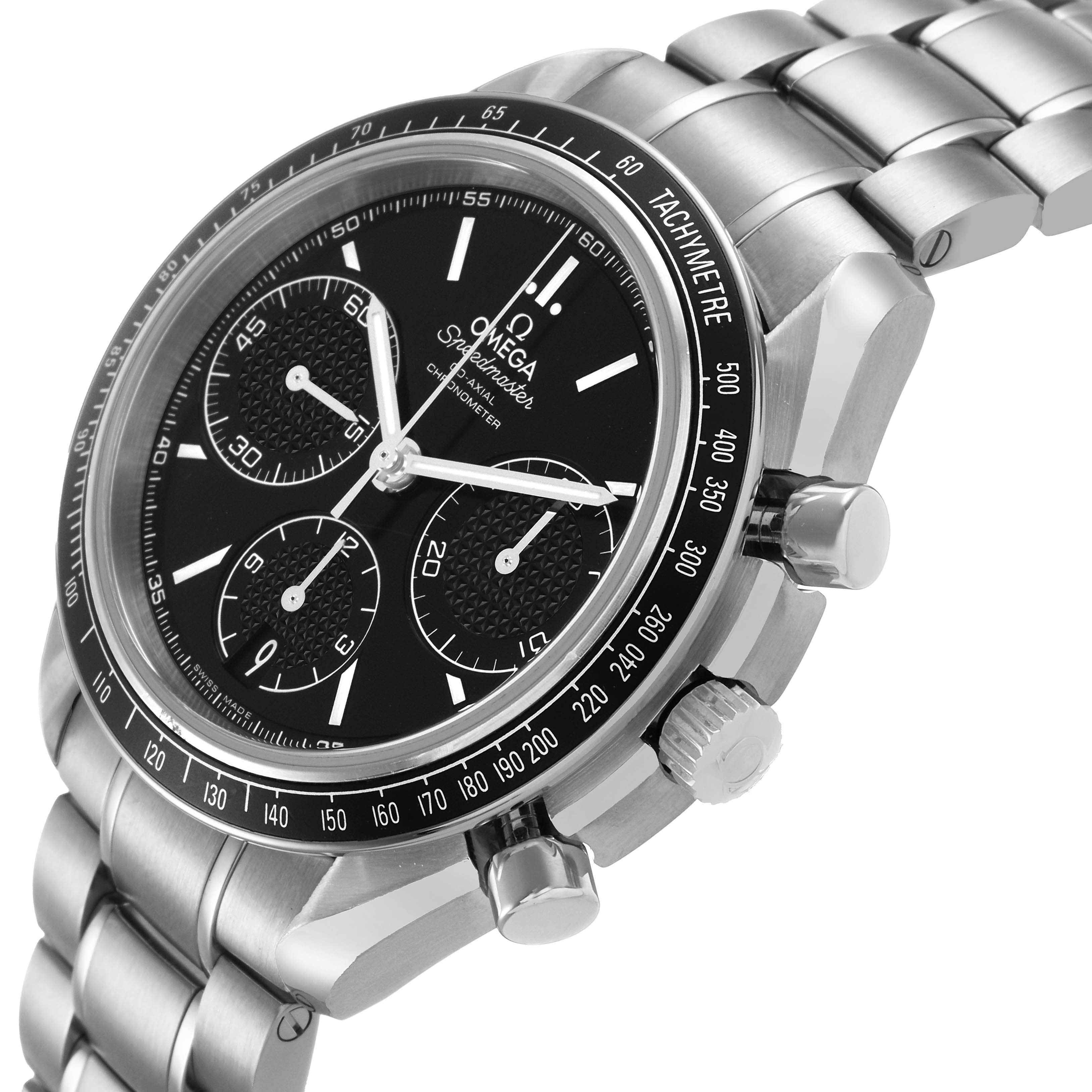 The Omega Speedmaster 326.30.40.50.01.001 Men's Stainless Steel Black Dial watch is shown from an angle highlighting the face, bezel, crown, pushers, and metal bracelet.
