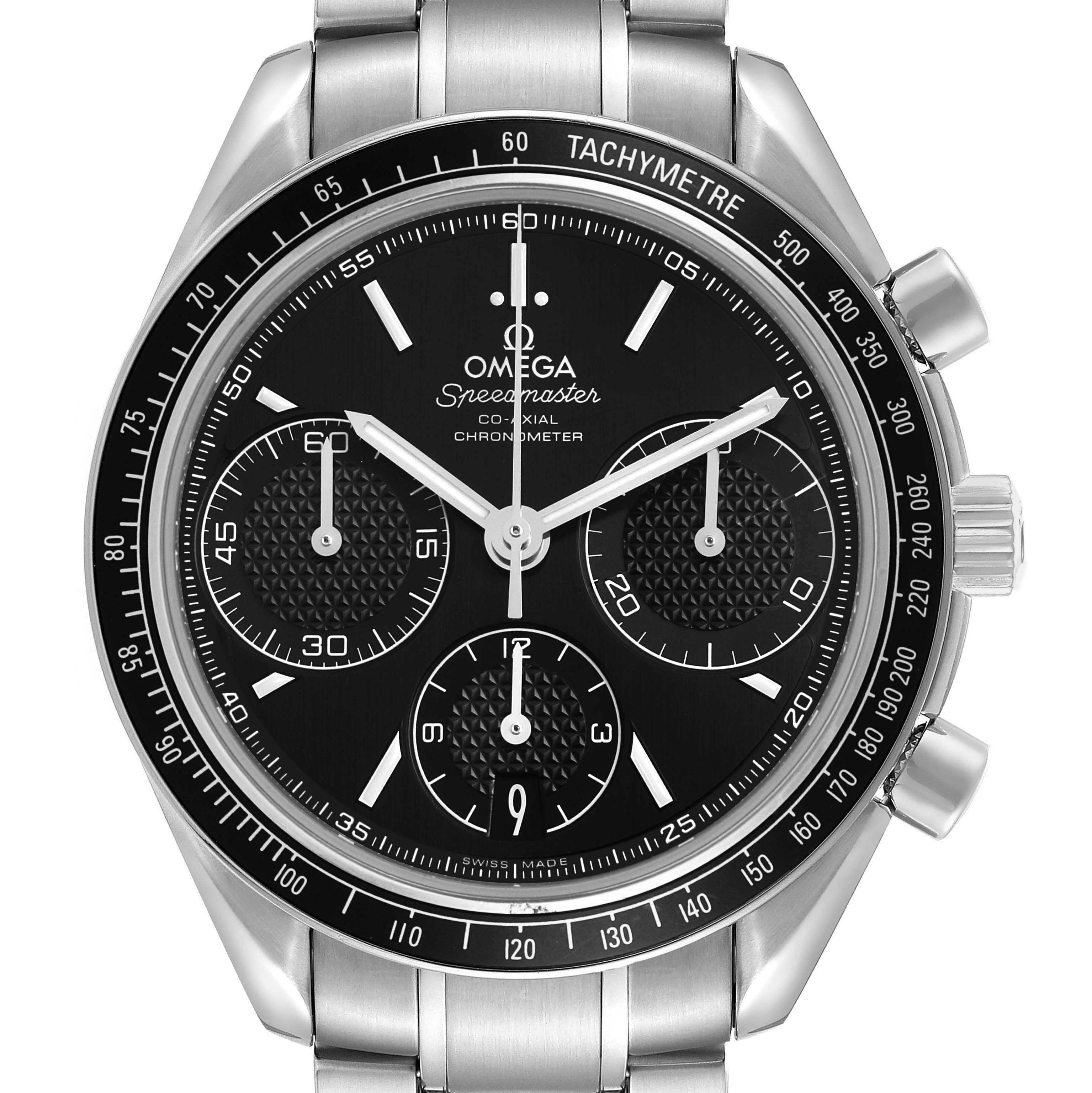 The Omega Speedmaster 326.30.40.50.01.001 Men's Stainless Steel Black Dial watch is shown from a front angle, displaying the dial, tachymeter bezel, pushers, and crown.