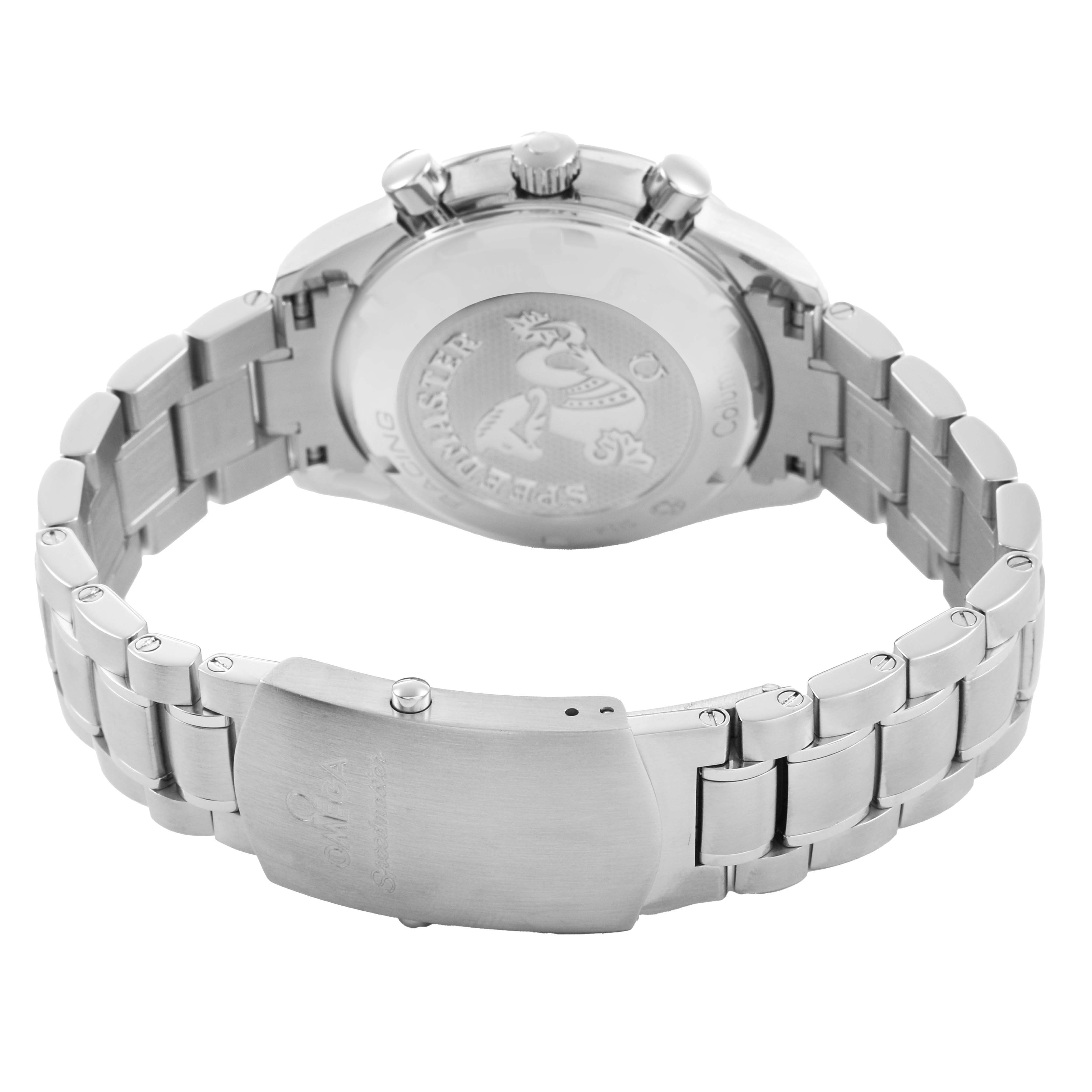 The Omega Speedmaster 326.30.40.50.01.001 Men's Stainless Steel Black Dial is shown from the back, featuring the case back, bracelet, and clasp.