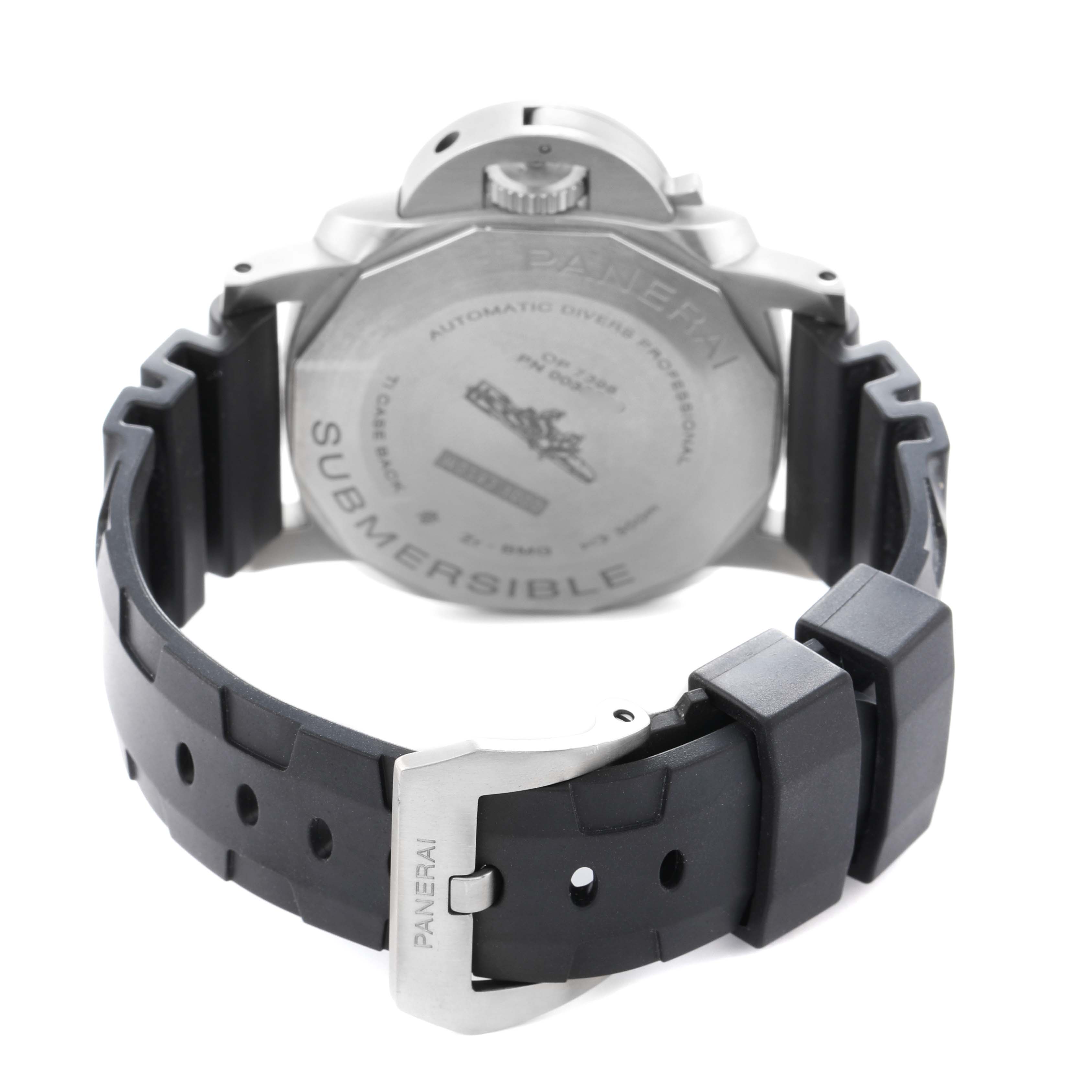 The image shows the back view of the Panerai Submersible PAM00692 Men's Titanium Blue Dial watch, highlighting the case back and rubber strap with clasp.